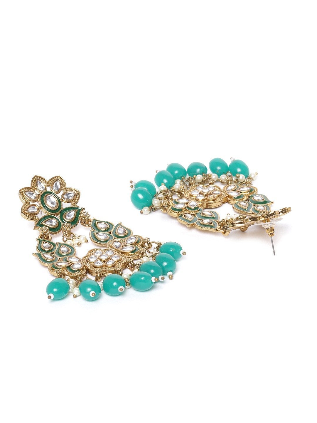Women's Gold-Plated Kundan Studded Drop Earrings With Green Beads