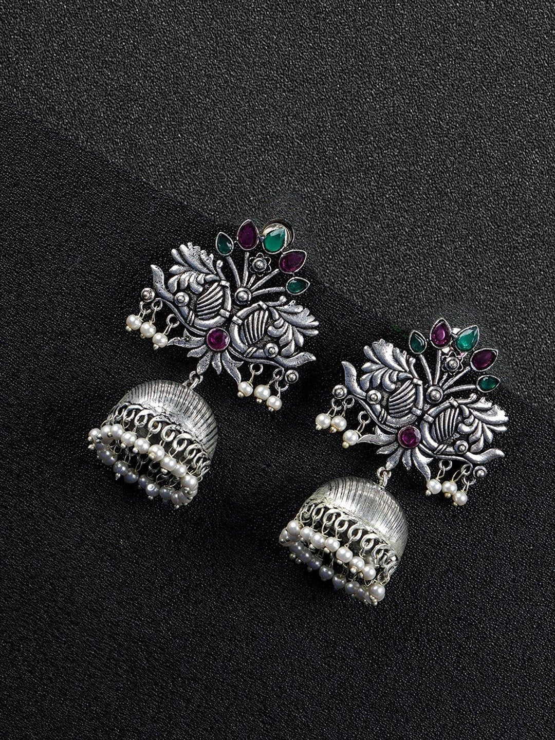 Women's Oxidised Silver-Plated Stone studded Jhumka with Bead drop