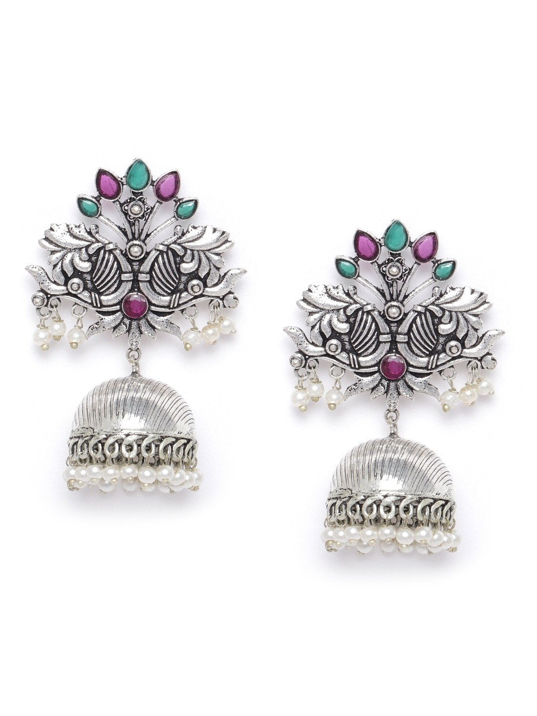 Women's Oxidised Silver-Plated Stone studded Jhumka with Bead drop