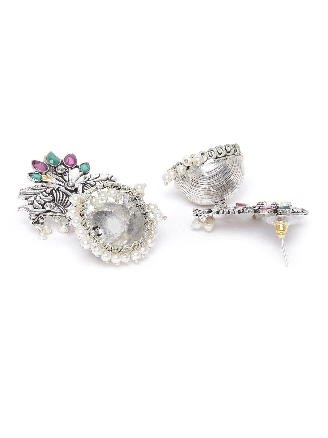 Women's Oxidised Silver-Plated Stone studded Jhumka with Bead drop