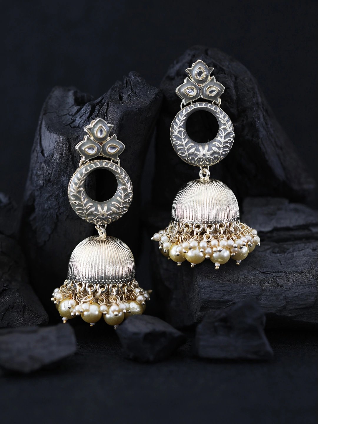 Women's Gold-Plated Kundan Studded Handcrafted Jhumka with Peal drop
