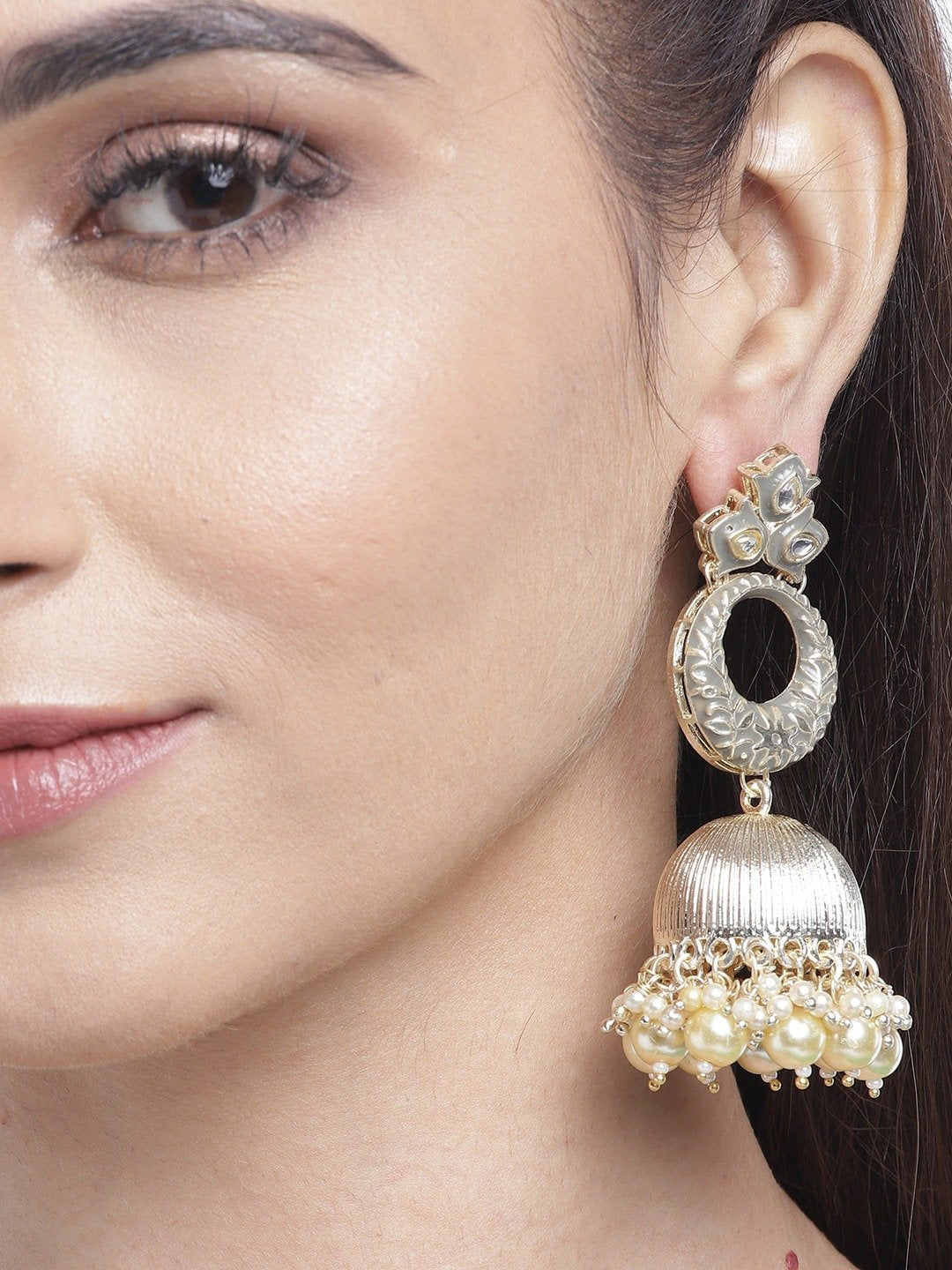 Women's Gold-Plated Kundan Studded Handcrafted Jhumka with Peal drop