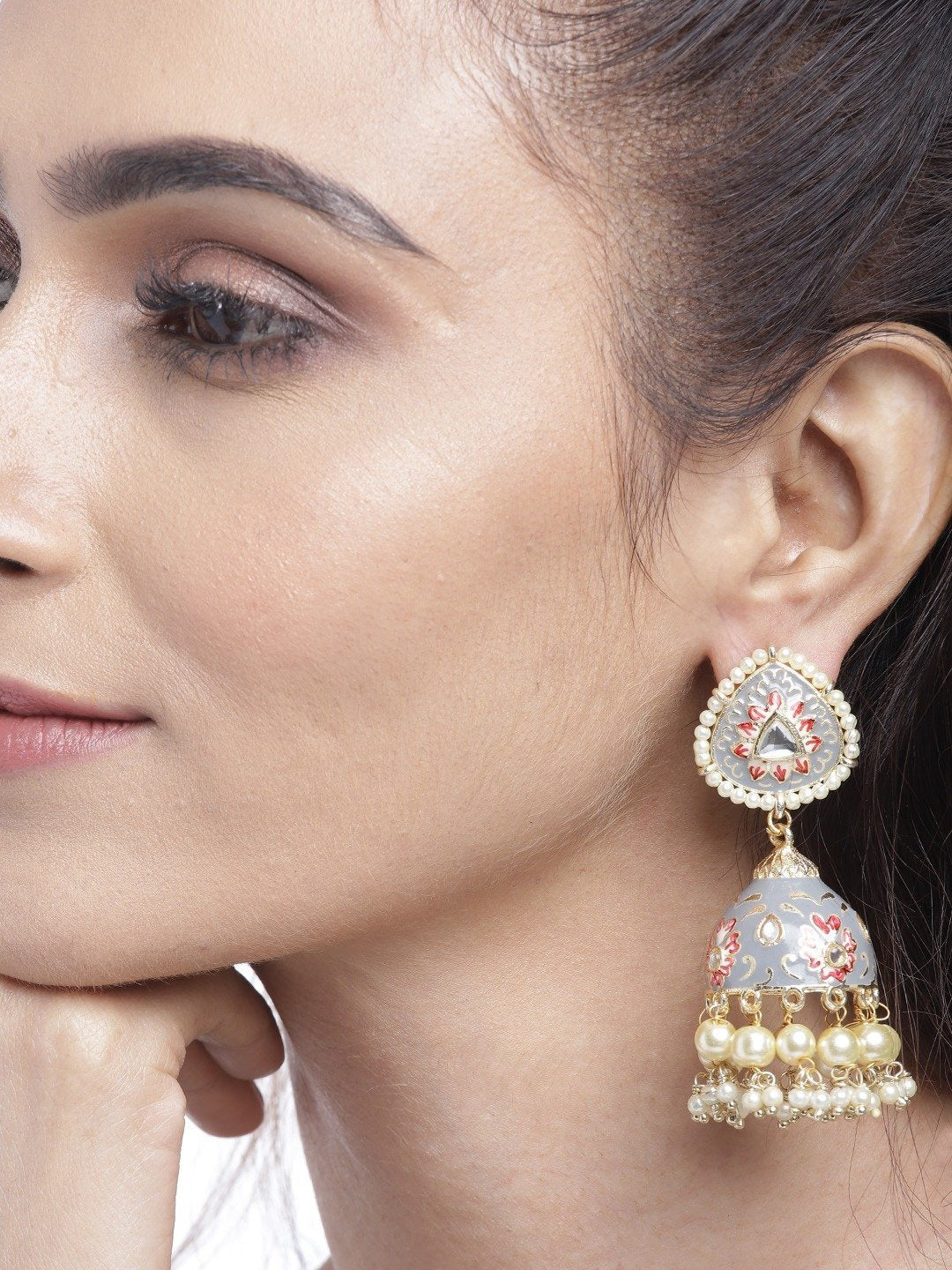 Women's Gold-Plated Kundan and beads Studded Handcrafted Jhumka with Peal drop