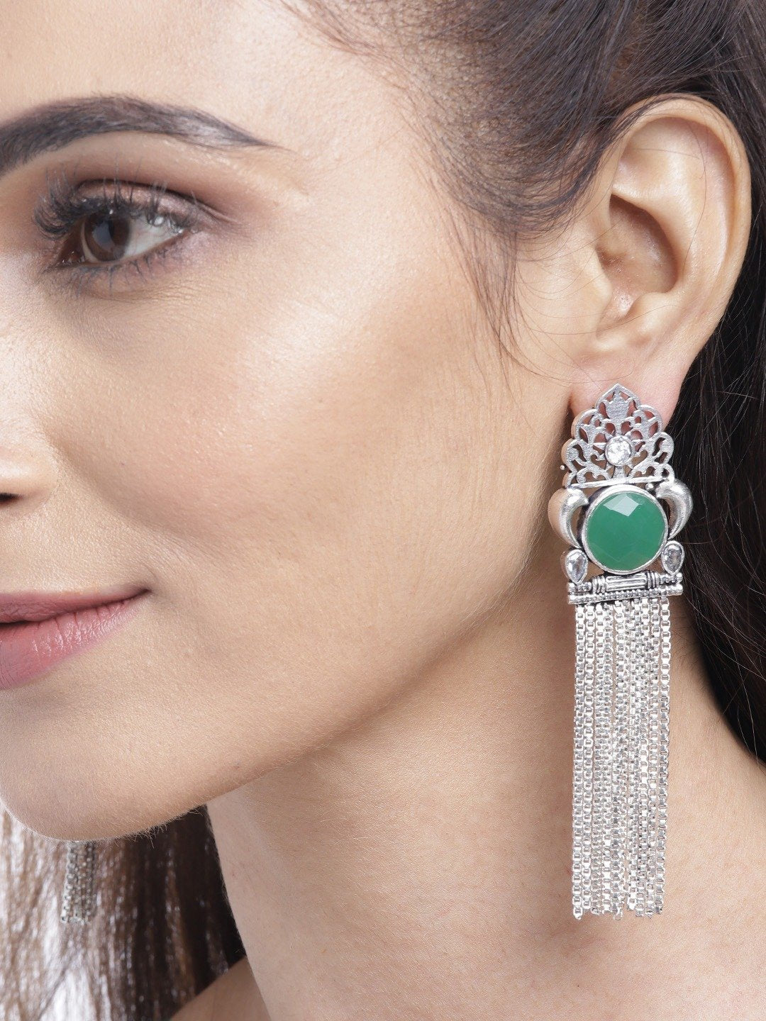 Women's Oxidised Silver-Plated Stone studded Drop earrings