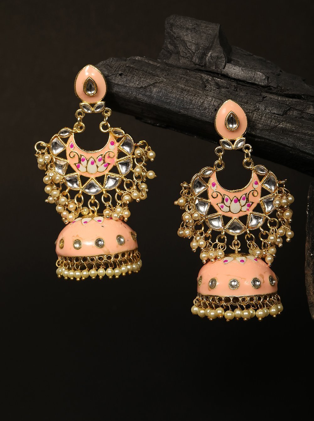 Women's Gold-Plated Kundan Studded Handcrafted Jhumka with Peal drop