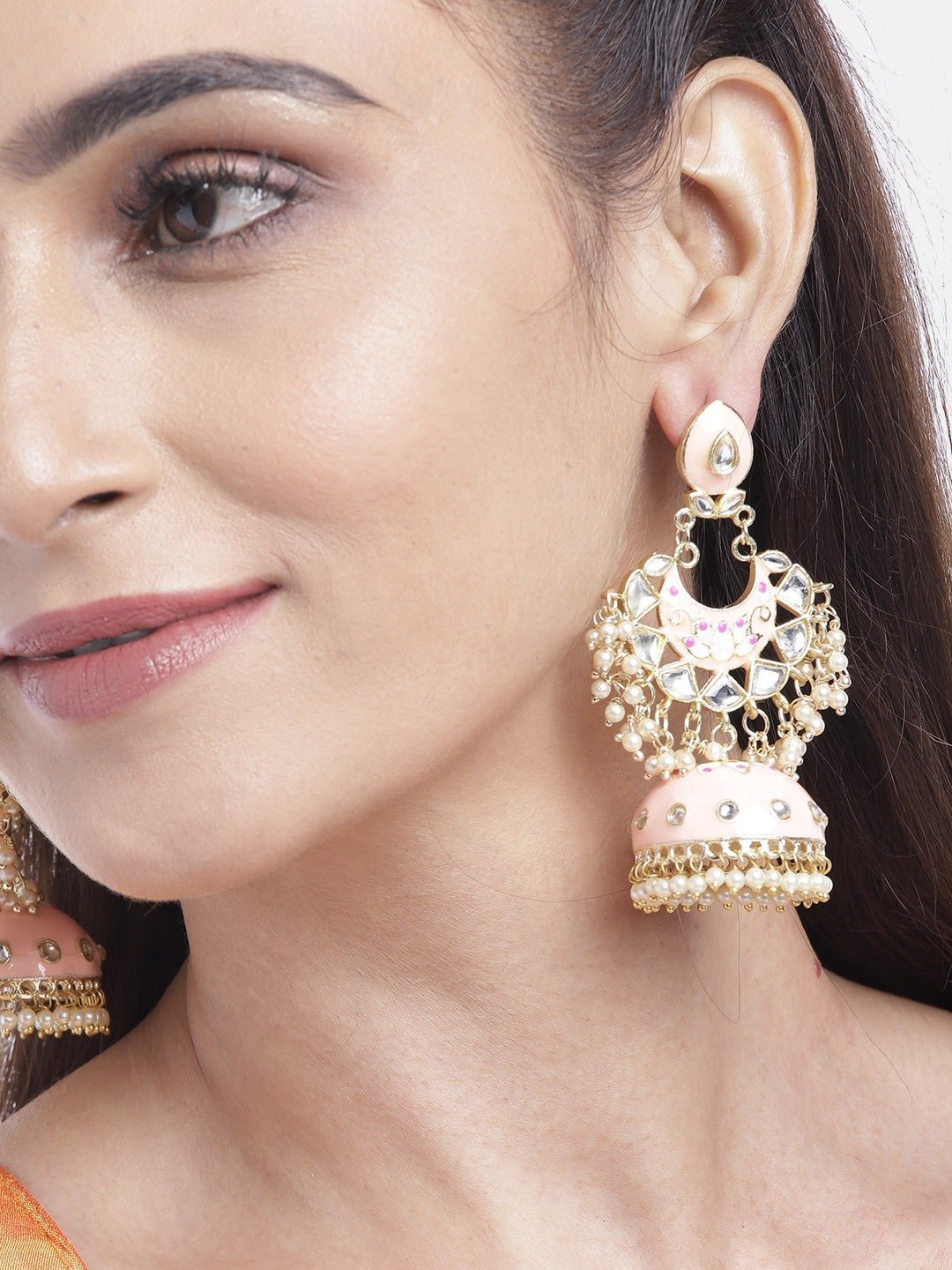 Women's Gold-Plated Kundan Studded Handcrafted Jhumka with Peal drop