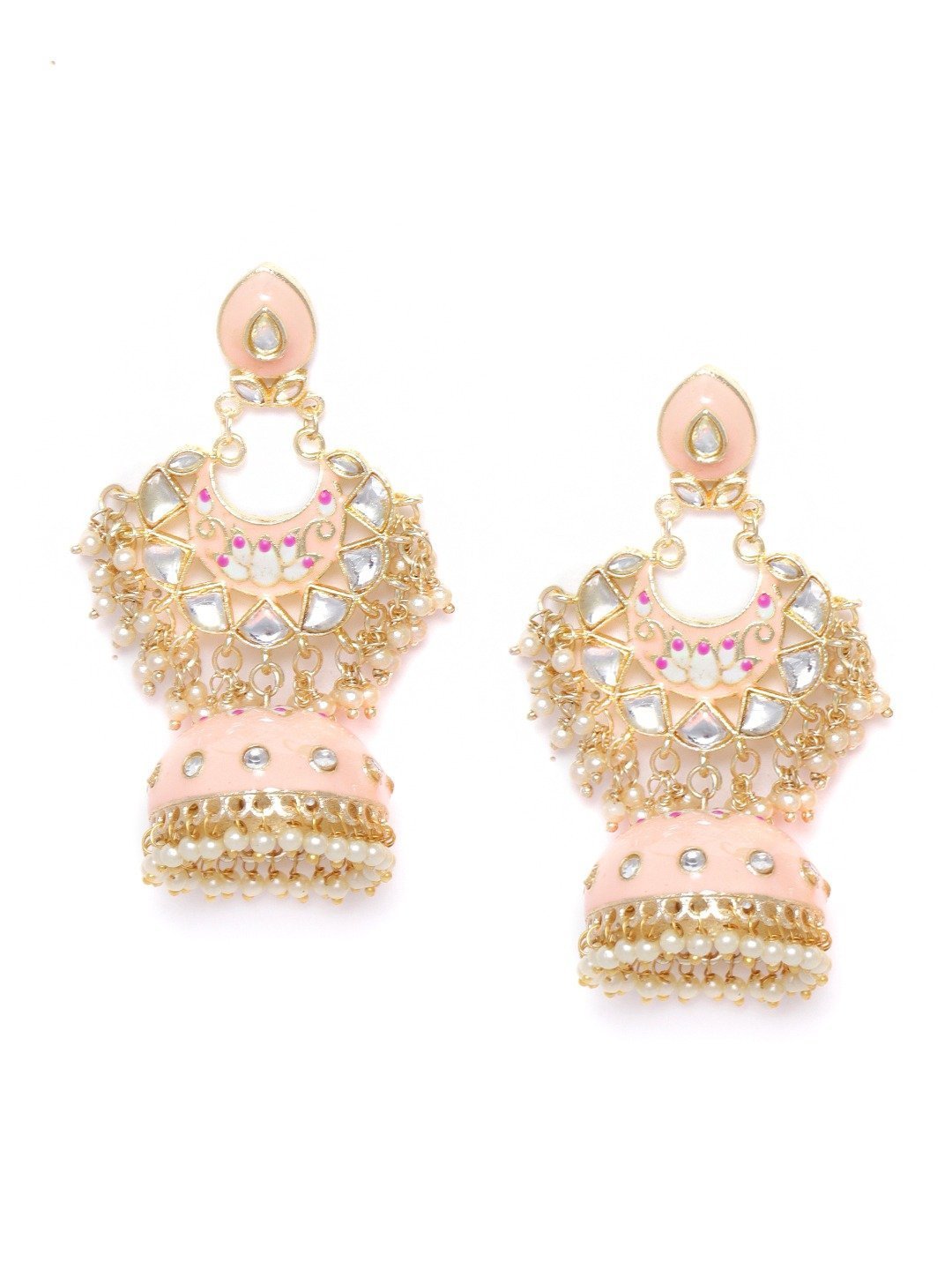 Women's Gold-Plated Kundan Studded Handcrafted Jhumka with Peal drop