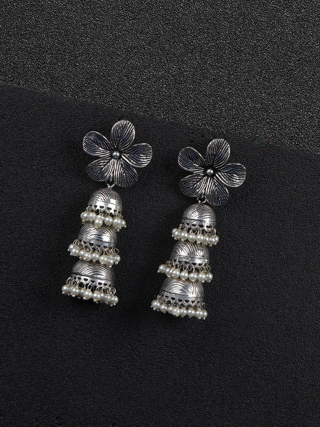 Women's Oxidised Silver-Plated Floral Inspired Jhumka with Bead drop