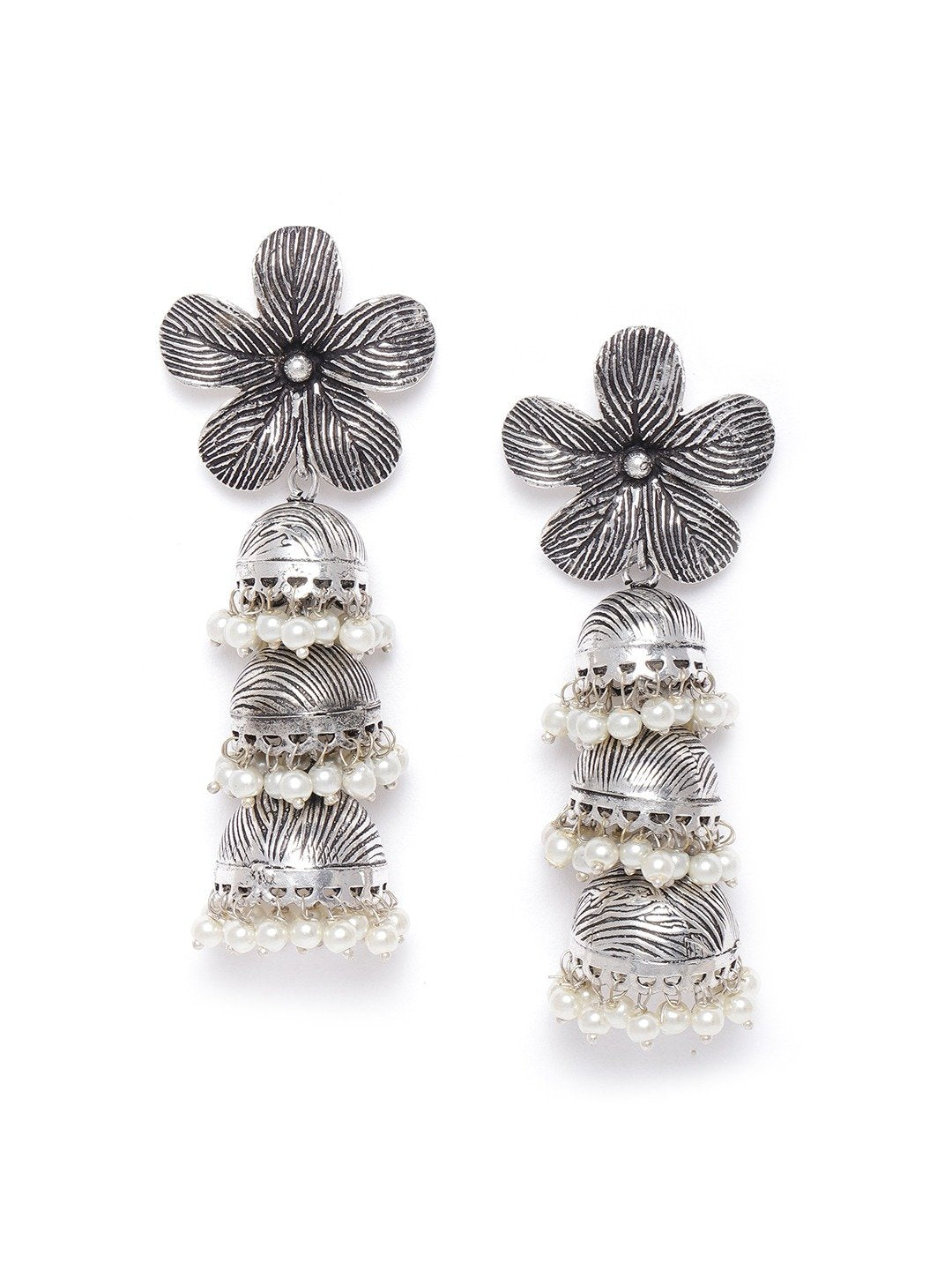 Women's Oxidised Silver-Plated Floral Inspired Jhumka with Bead drop