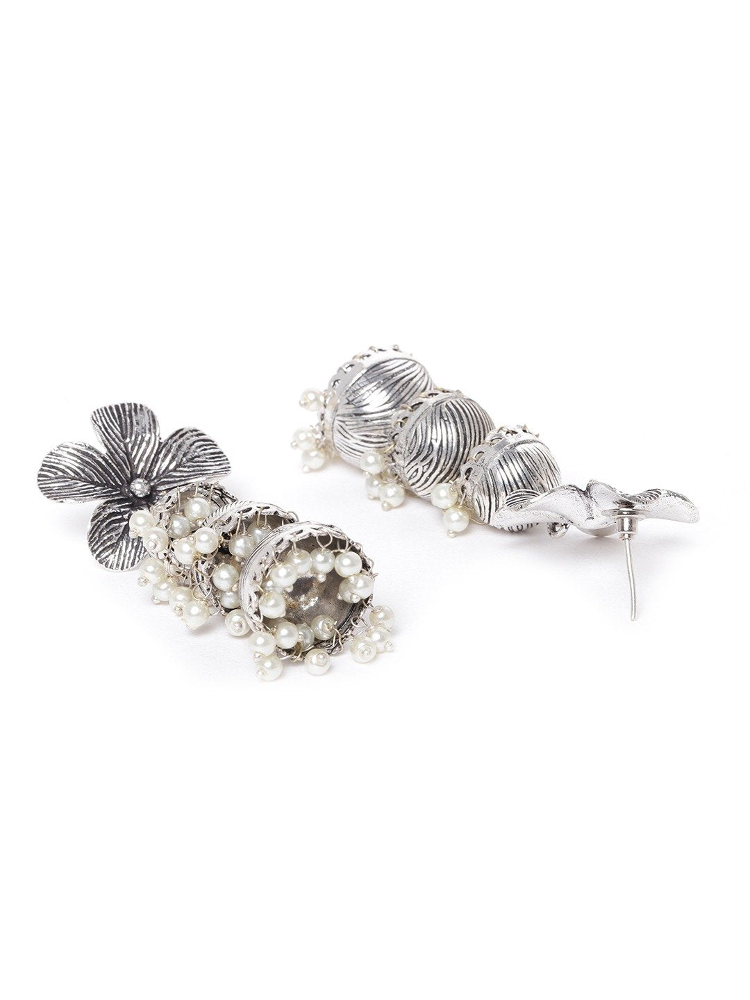 Women's Oxidised Silver-Plated Floral Inspired Jhumka with Bead drop