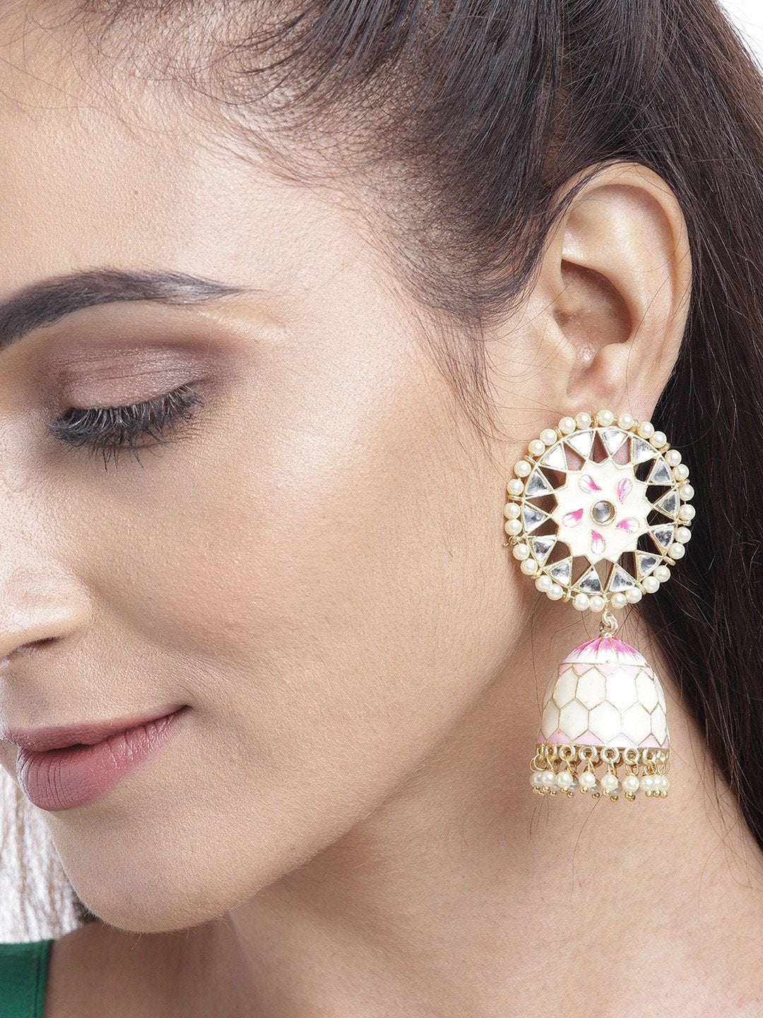 Women's Gold-Plated Kundan and beads Studded Handcrafted Jhumka with Peal drop