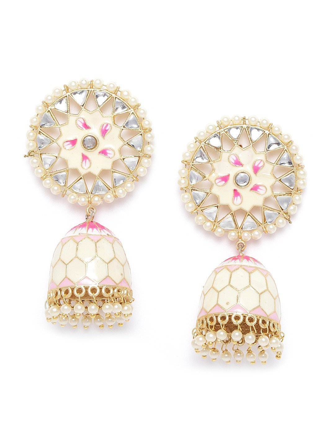 Women's Gold-Plated Kundan and beads Studded Handcrafted Jhumka with Peal drop