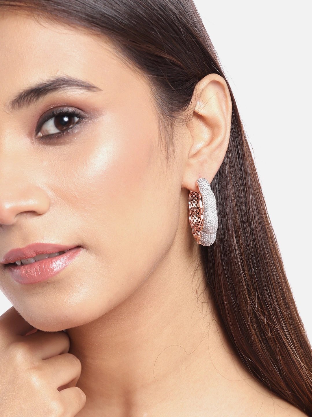 Women's Rose Gold-Plated American Diamond Studded Floral Inspired Hoop earrings