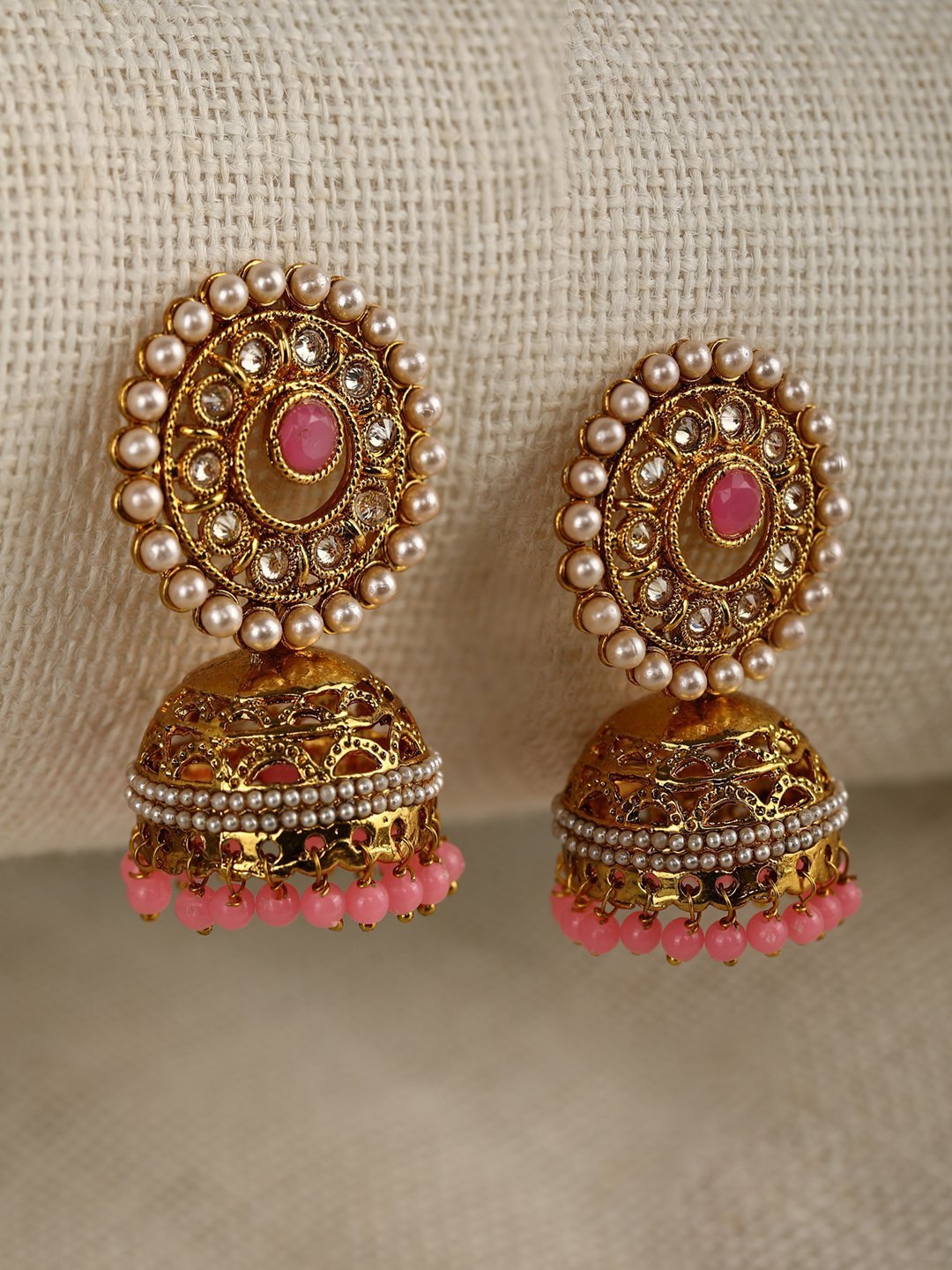 Women's Pink Pearls Studded Jhumka Earrings