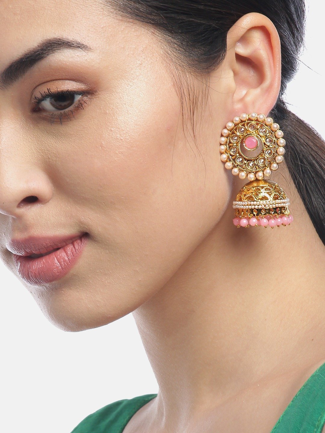 Women's Pink Pearls Studded Jhumka Earrings