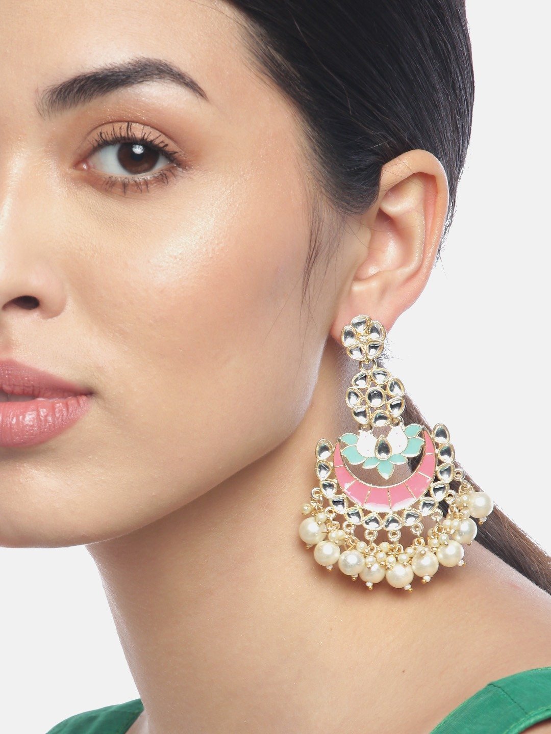 Women's Pink Colored Kundan Studded Jhumkas