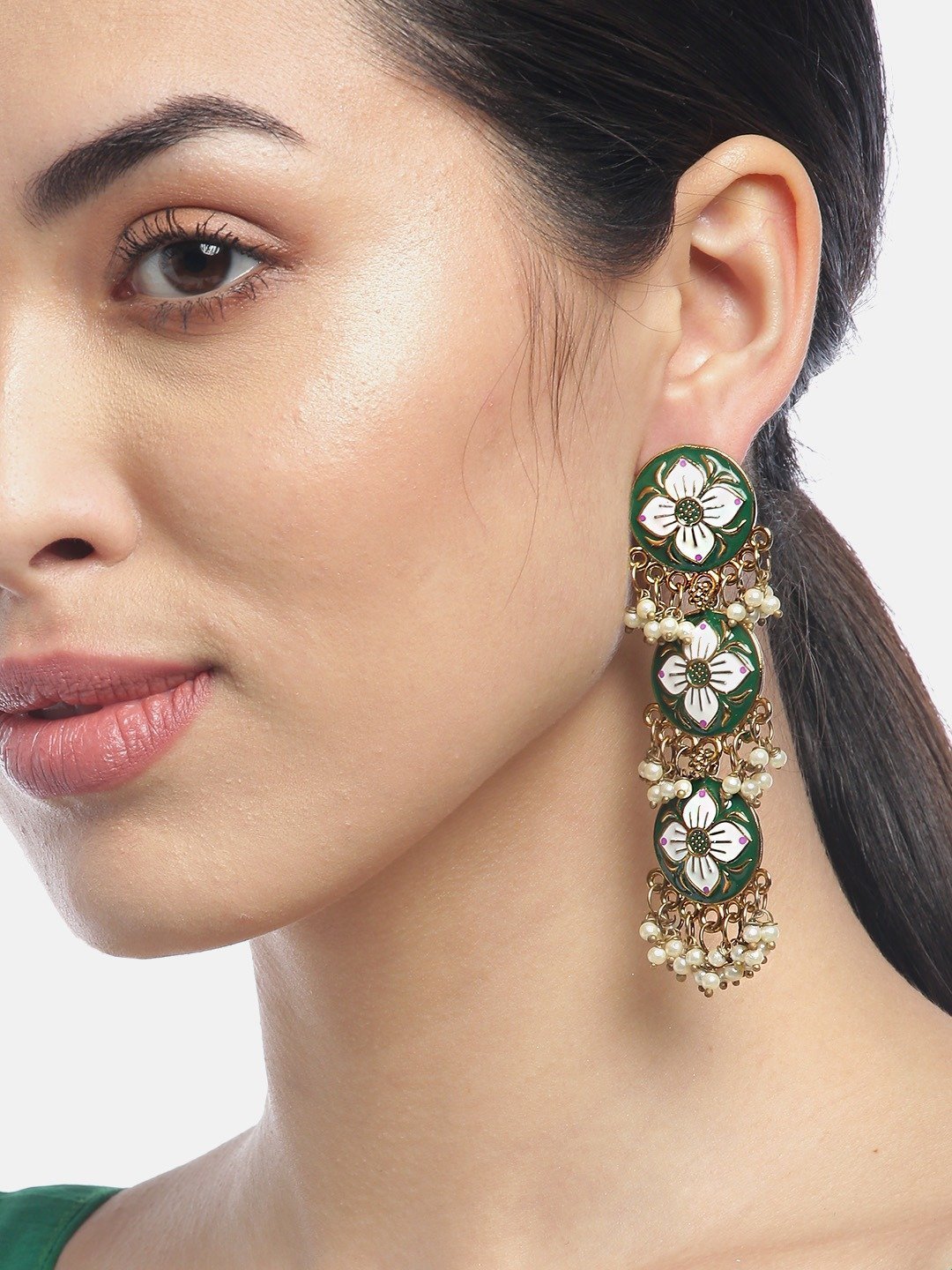 Women's Green and White Colored Drop Earrings