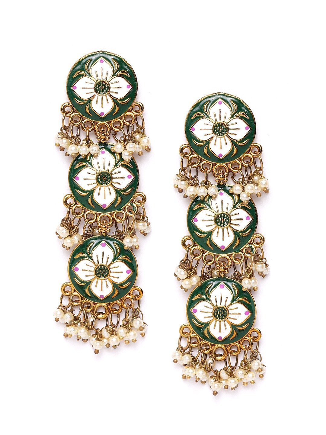 Women's Green and White Colored Drop Earrings