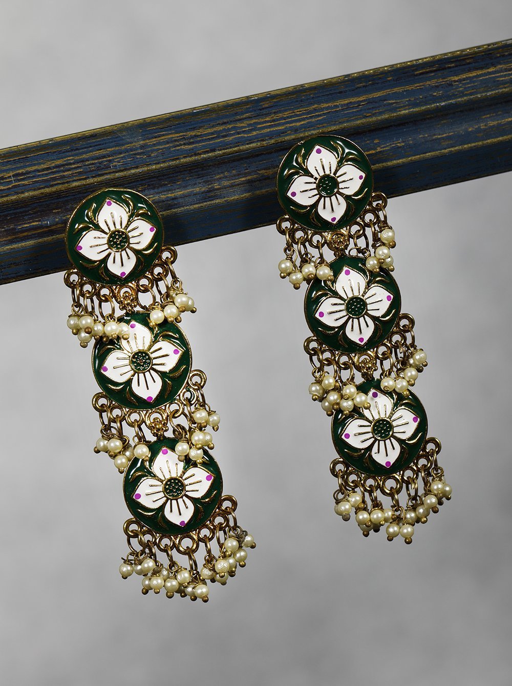 Women's Green and White Colored Drop Earrings