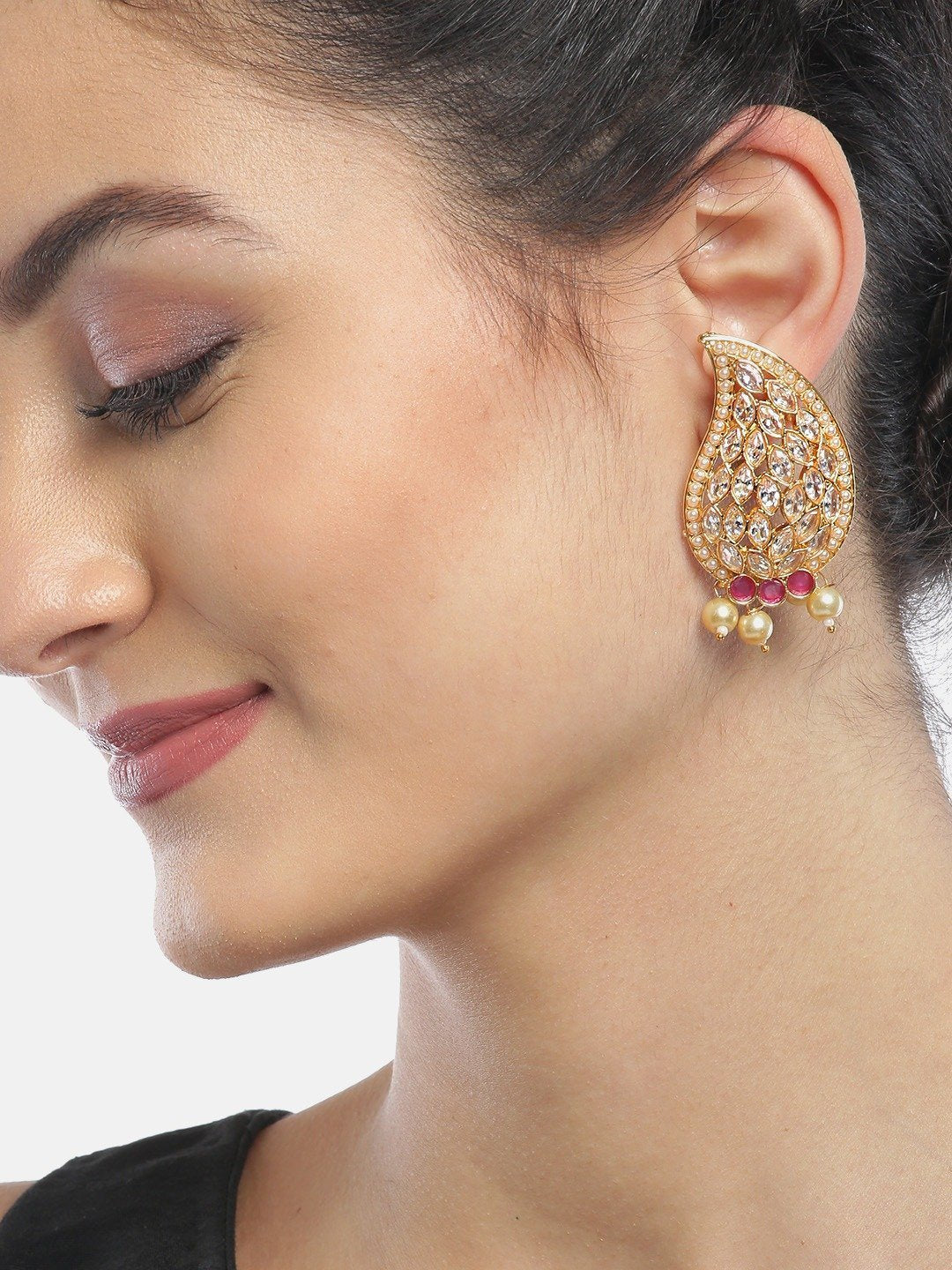 Women's Gold Plated Ruby and Kundan Studded Earrings