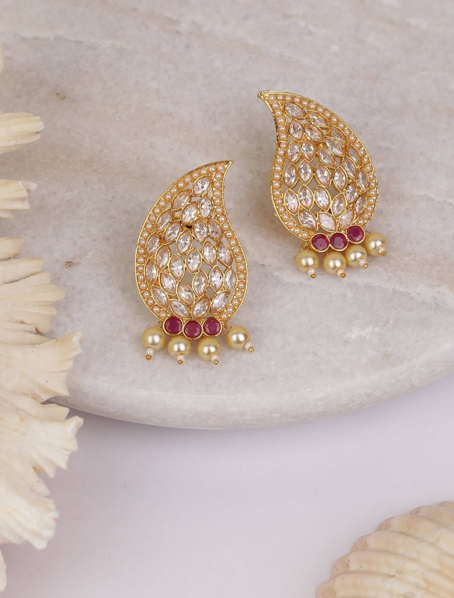 Women's Gold Plated Ruby and Kundan Studded Earrings