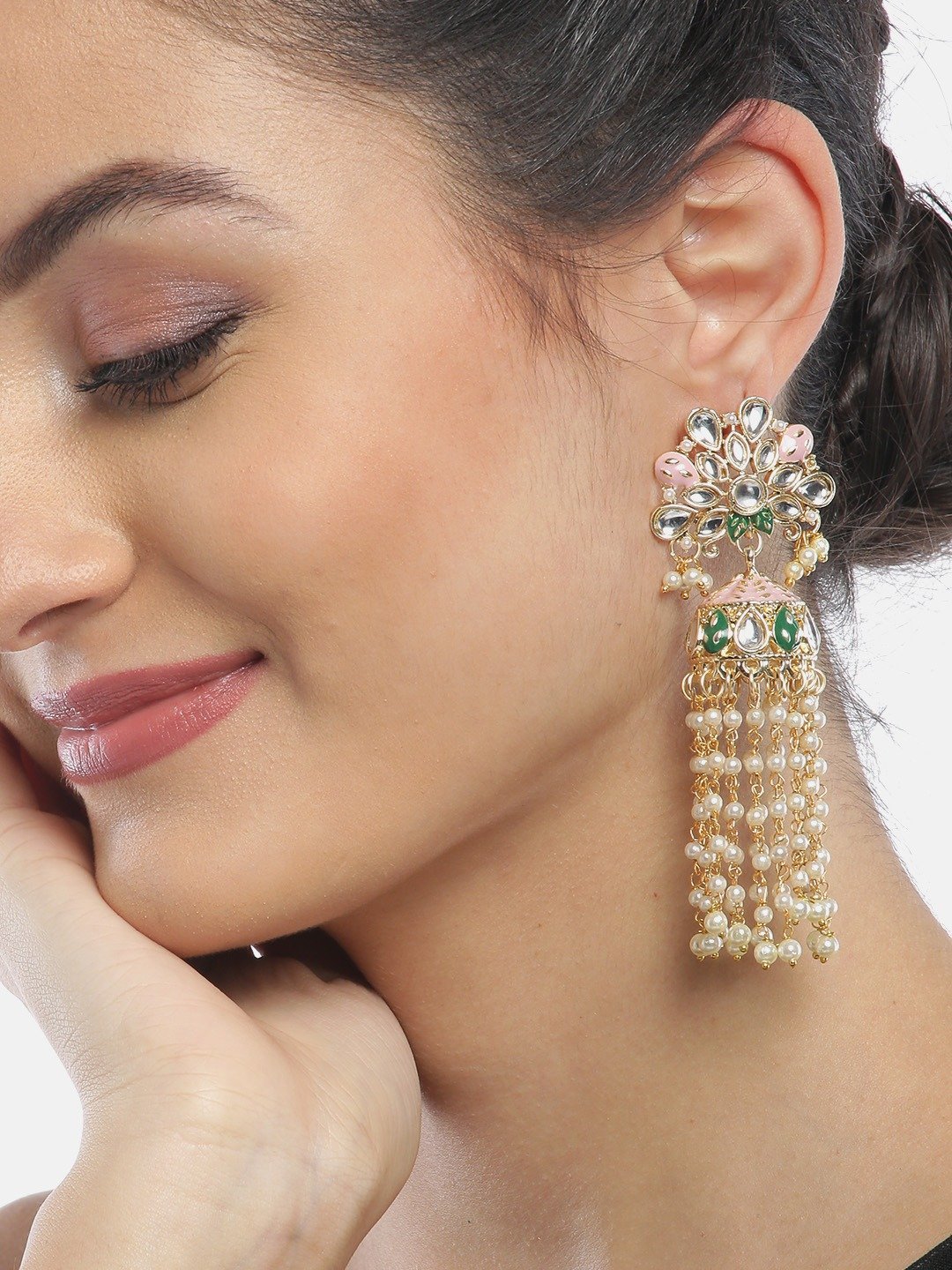 Women's Kundan Studded and Beaded Pink Colored Earrings