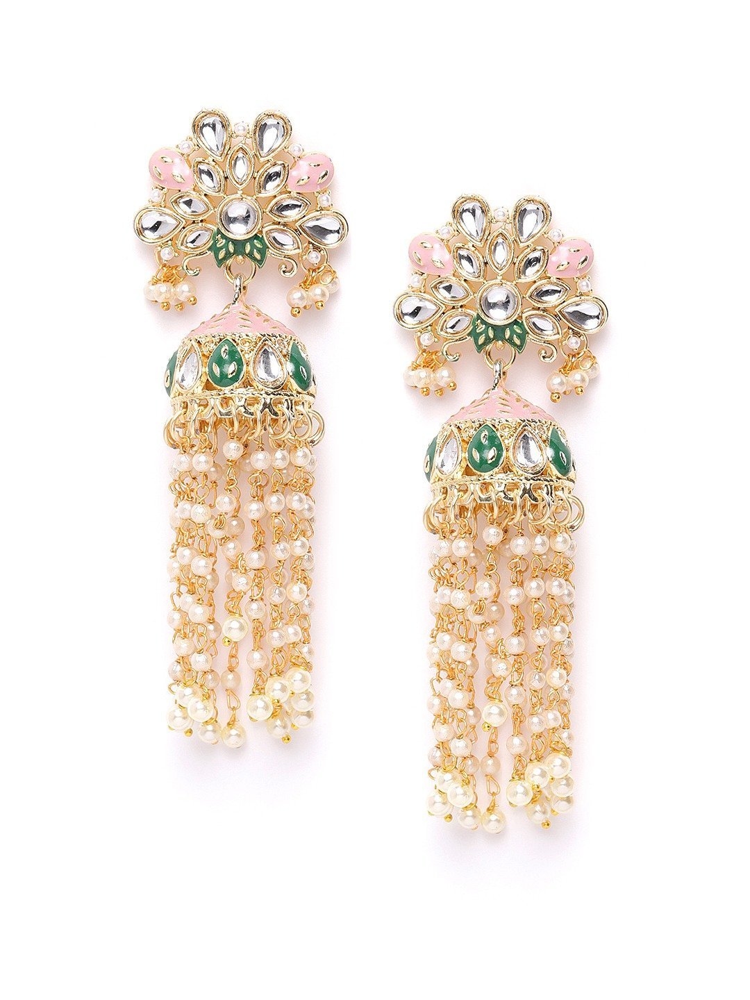 Women's Kundan Studded and Beaded Pink Colored Earrings