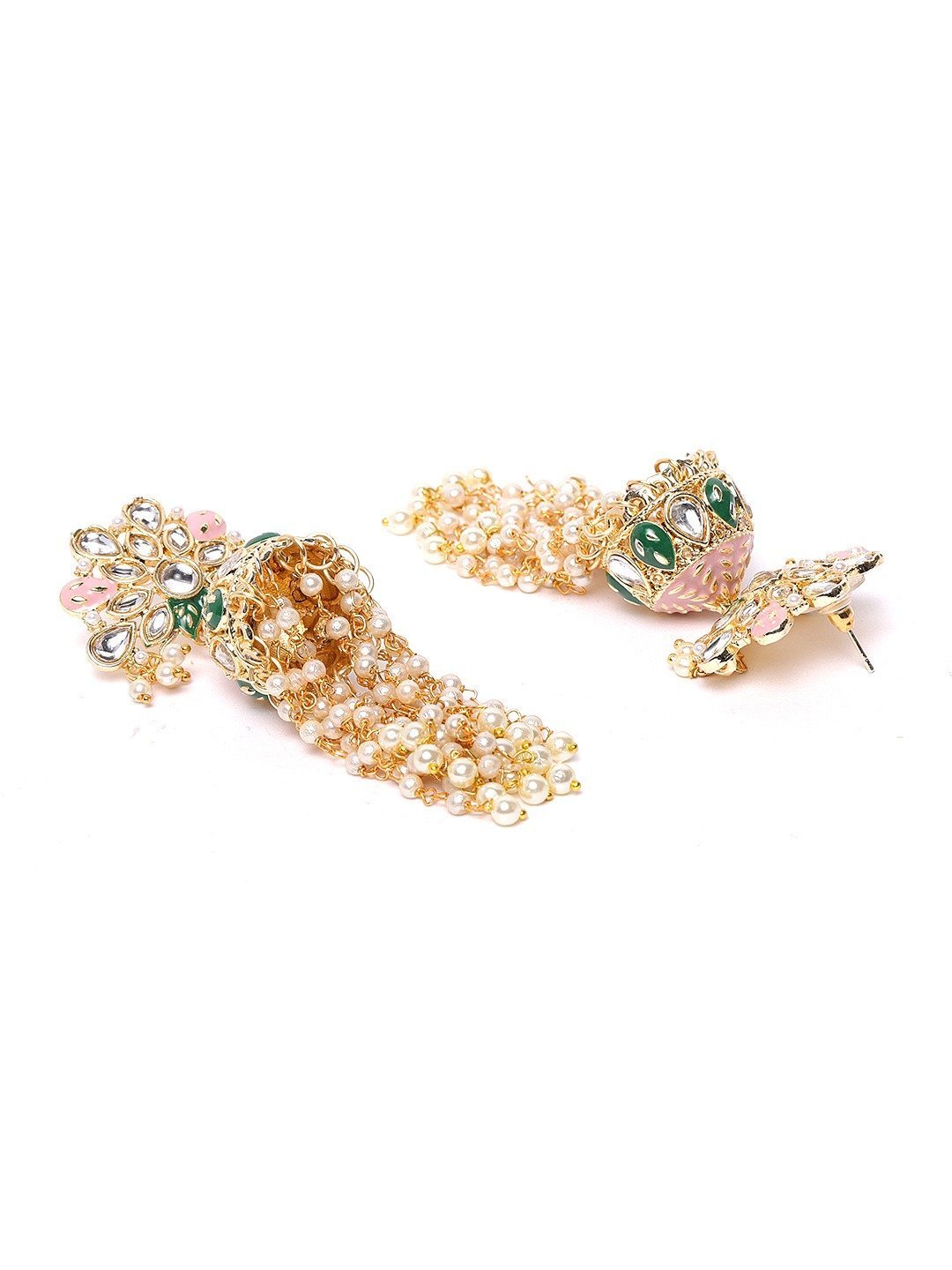 Women's Kundan Studded and Beaded Pink Colored Earrings