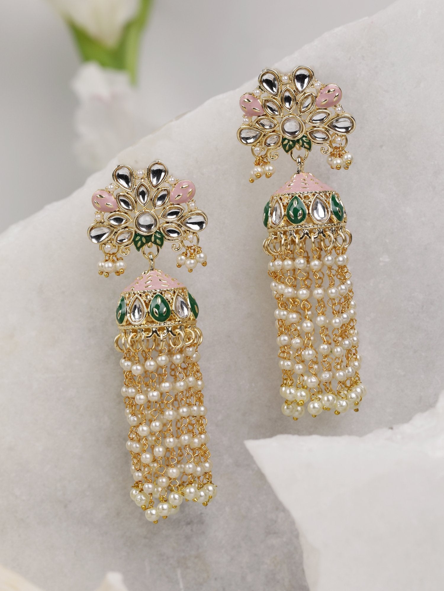 Women's Kundan Studded and Beaded Pink Colored Earrings