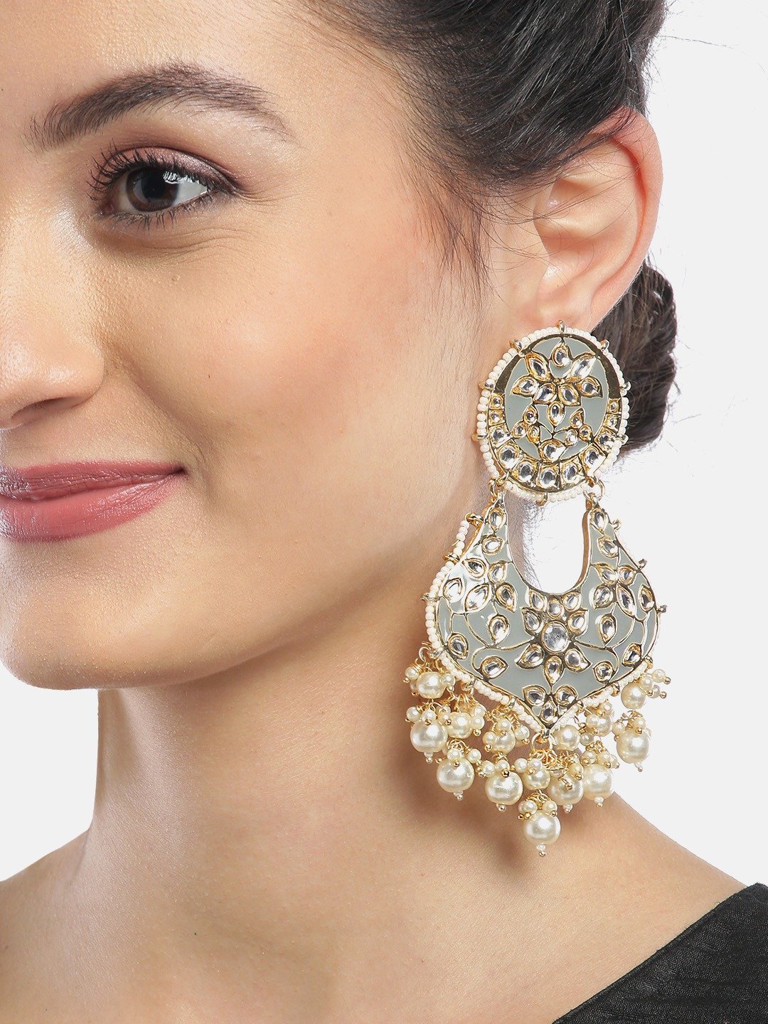 Women's Kundan Studded and Beaded Grey Colored Earrings