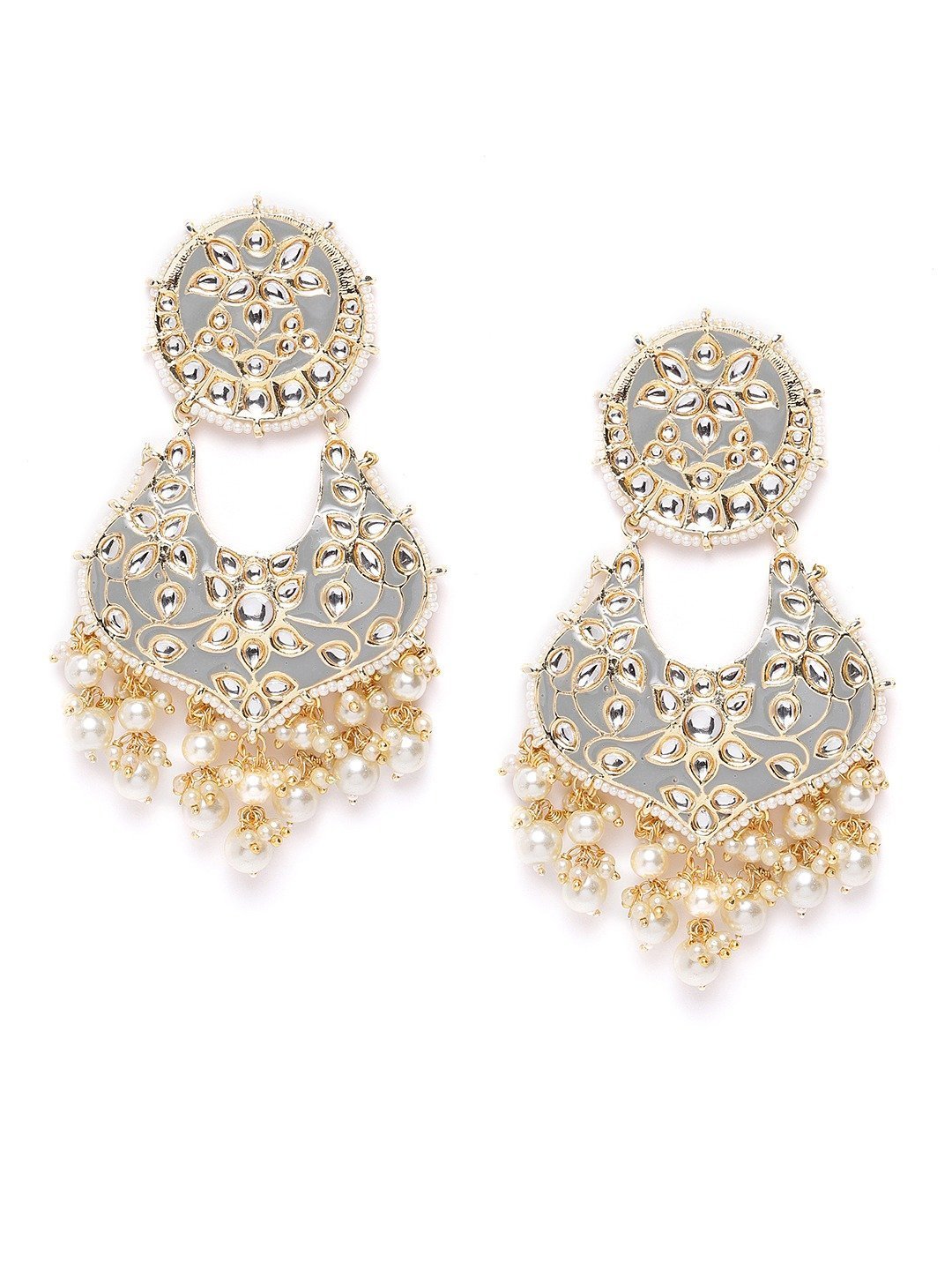 Women's Kundan Studded and Beaded Grey Colored Earrings