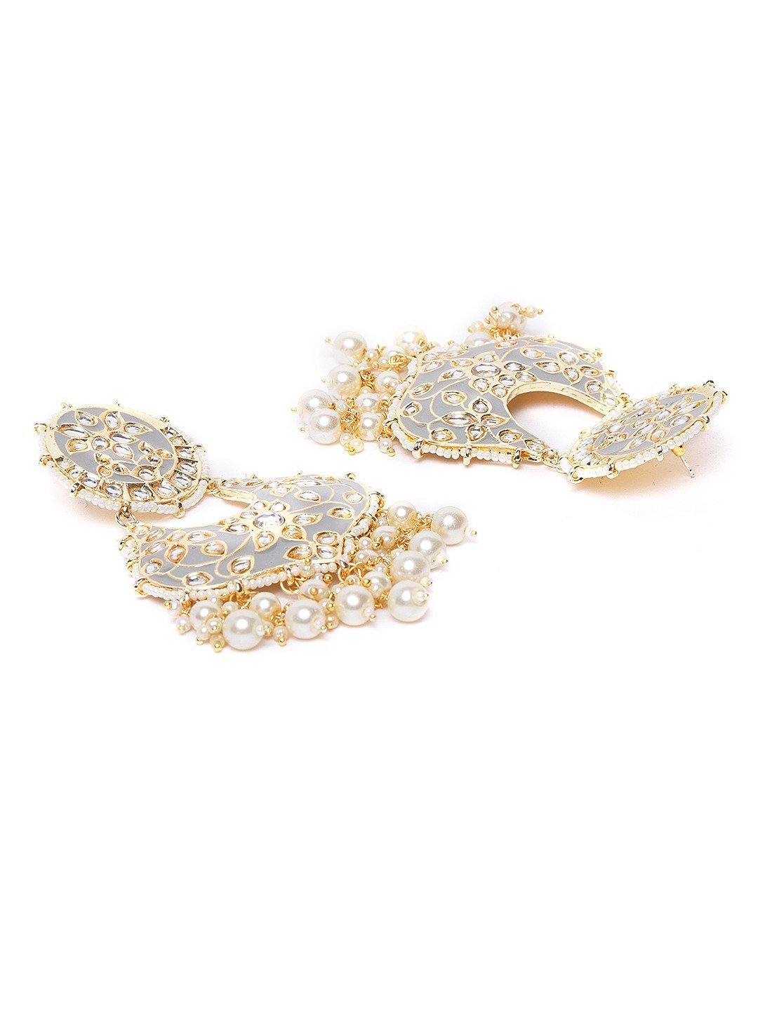 Women's Kundan Studded and Beaded Grey Colored Earrings