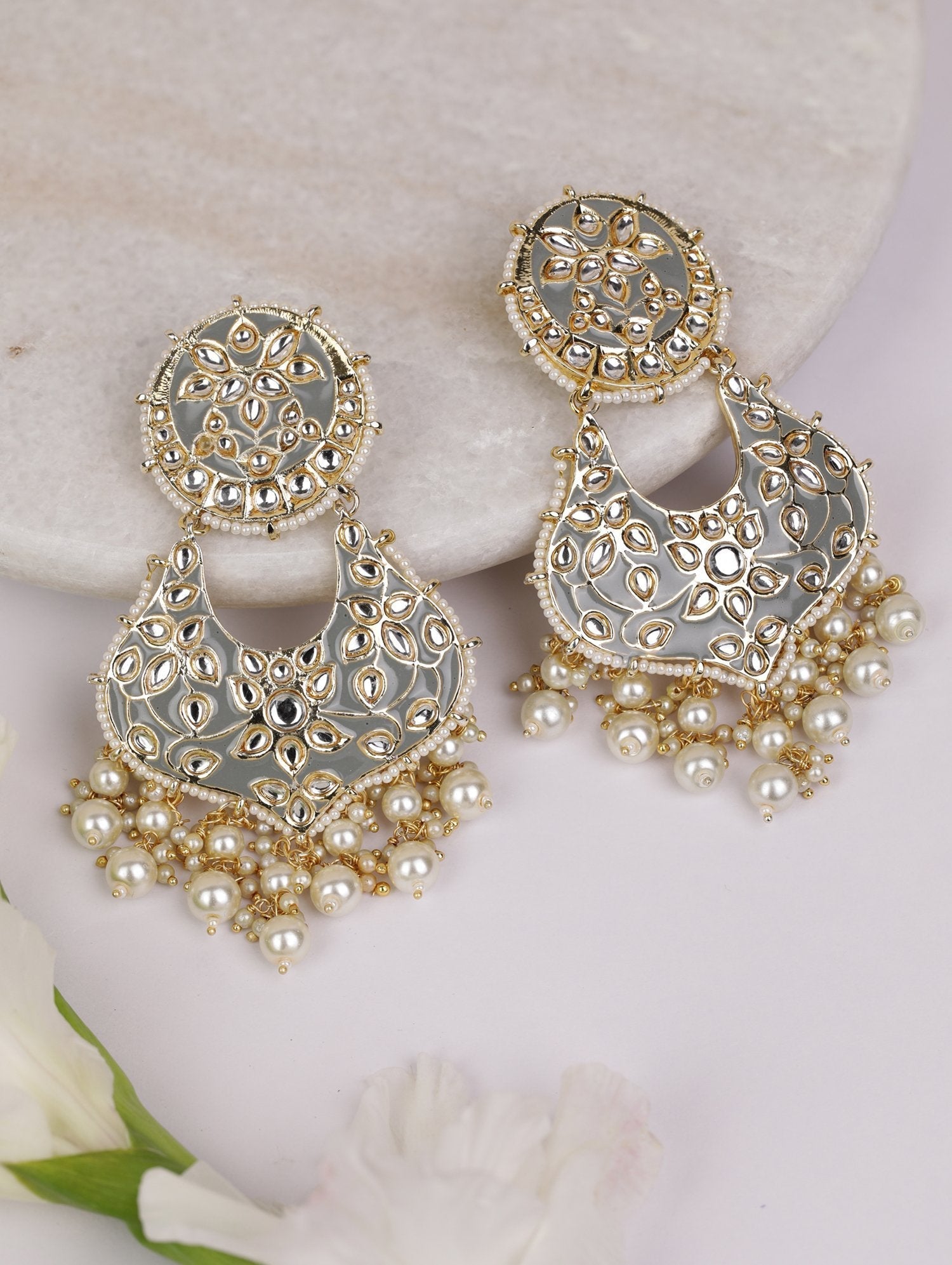 Women's Kundan Studded and Beaded Grey Colored Earrings