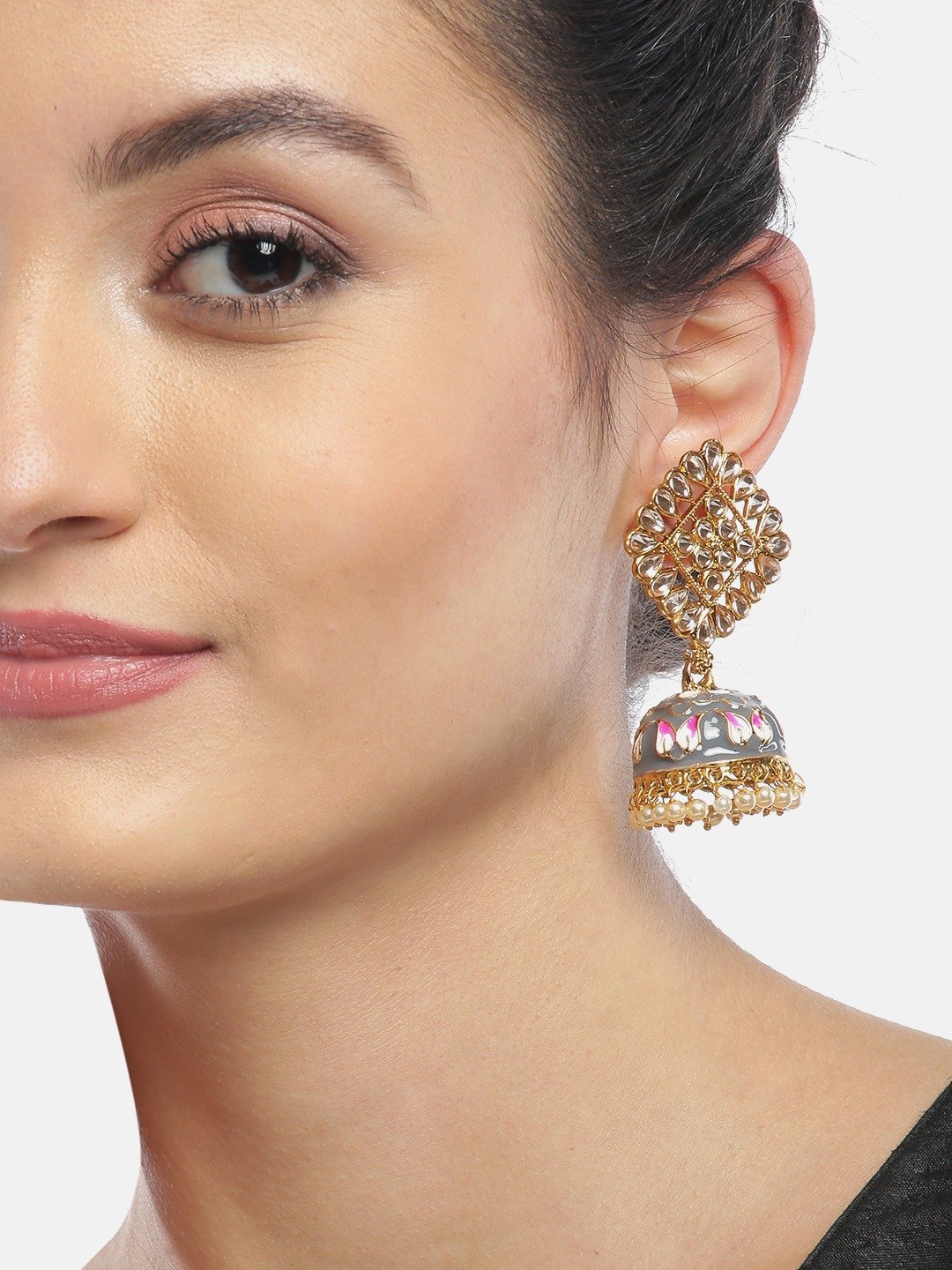Women's Grey Colored Kundan Studded and Beaded Earrings
