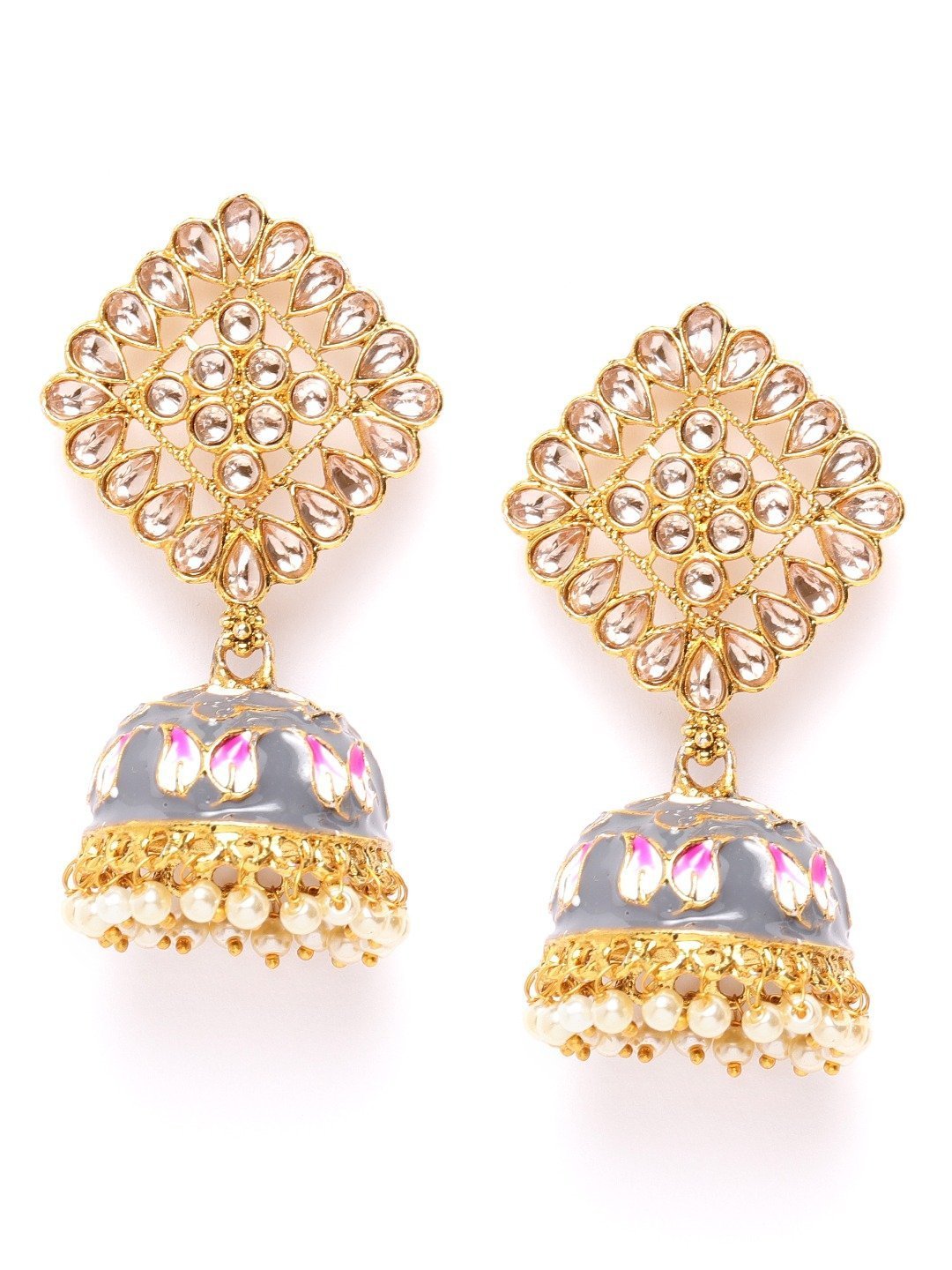 Women's Grey Colored Kundan Studded and Beaded Earrings