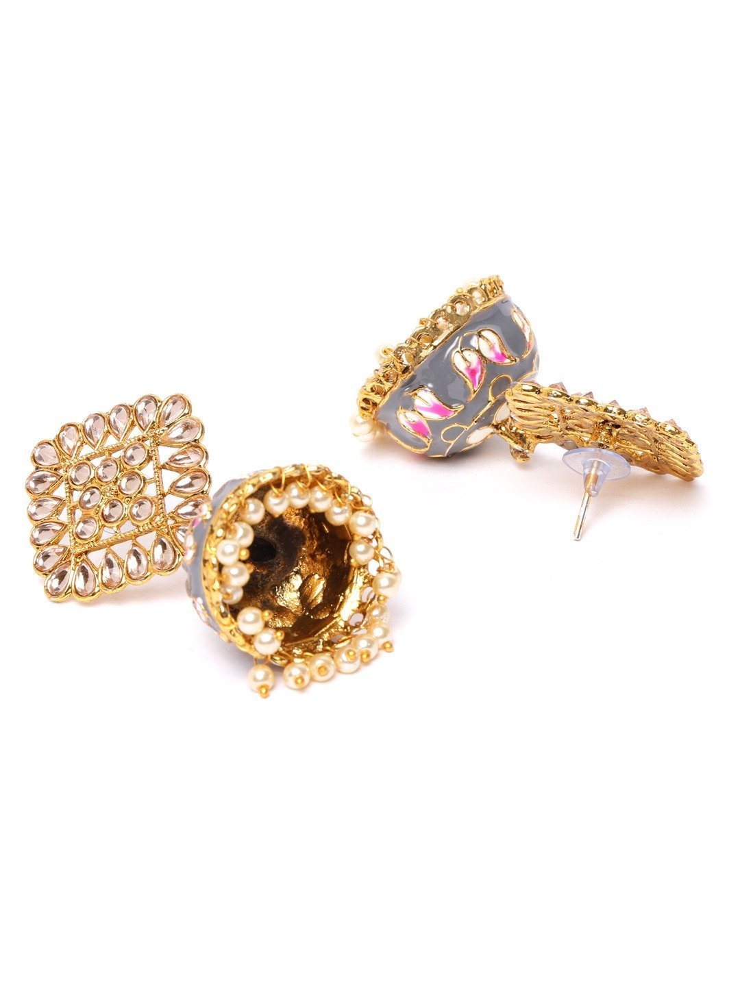 Women's Grey Colored Kundan Studded and Beaded Earrings