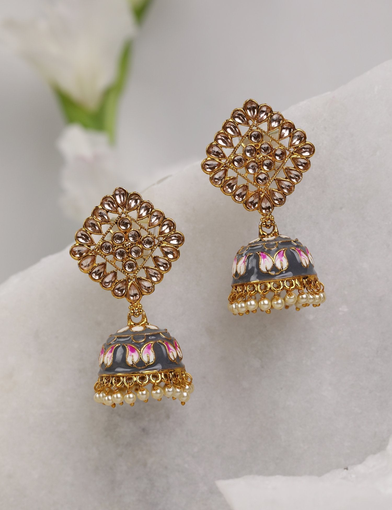 Women's Grey Colored Kundan Studded and Beaded Earrings