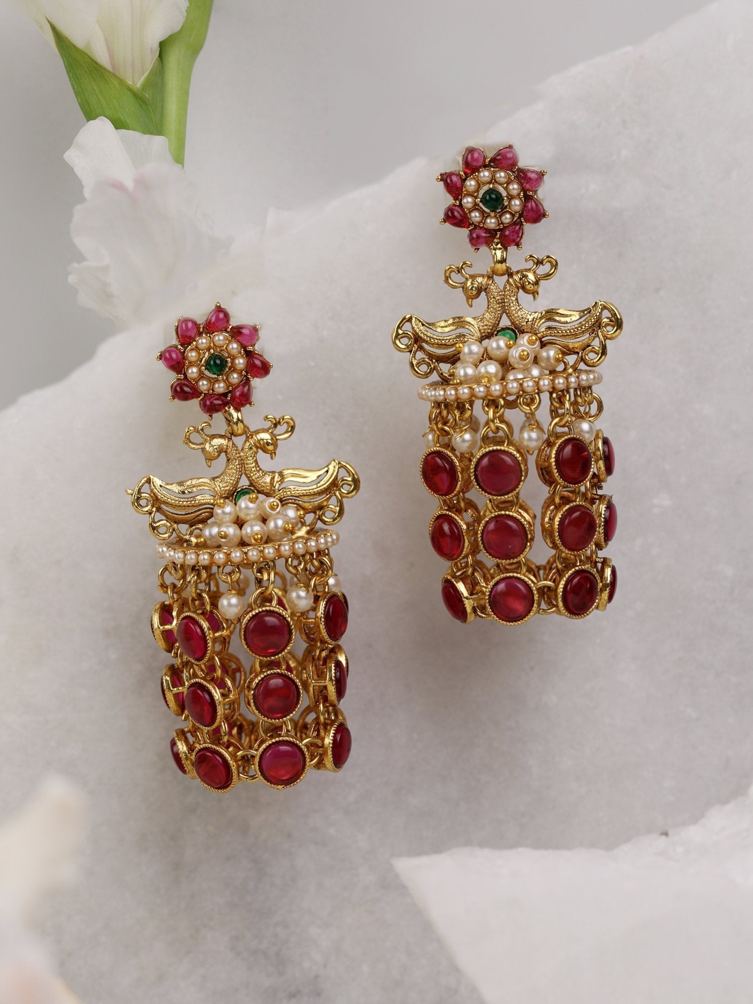 Women's Ruby studded and beaded Peacock shaped Earring