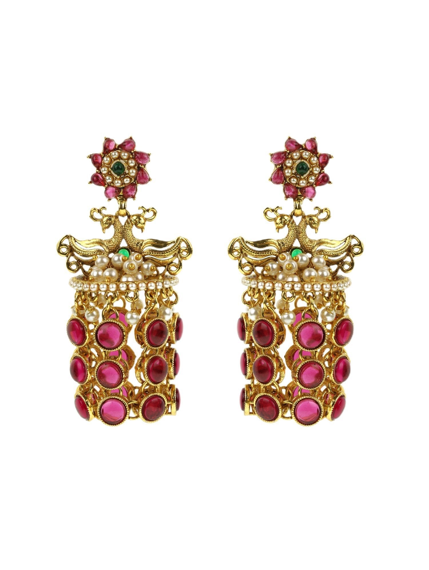 Women's Ruby studded and beaded Peacock shaped Earring