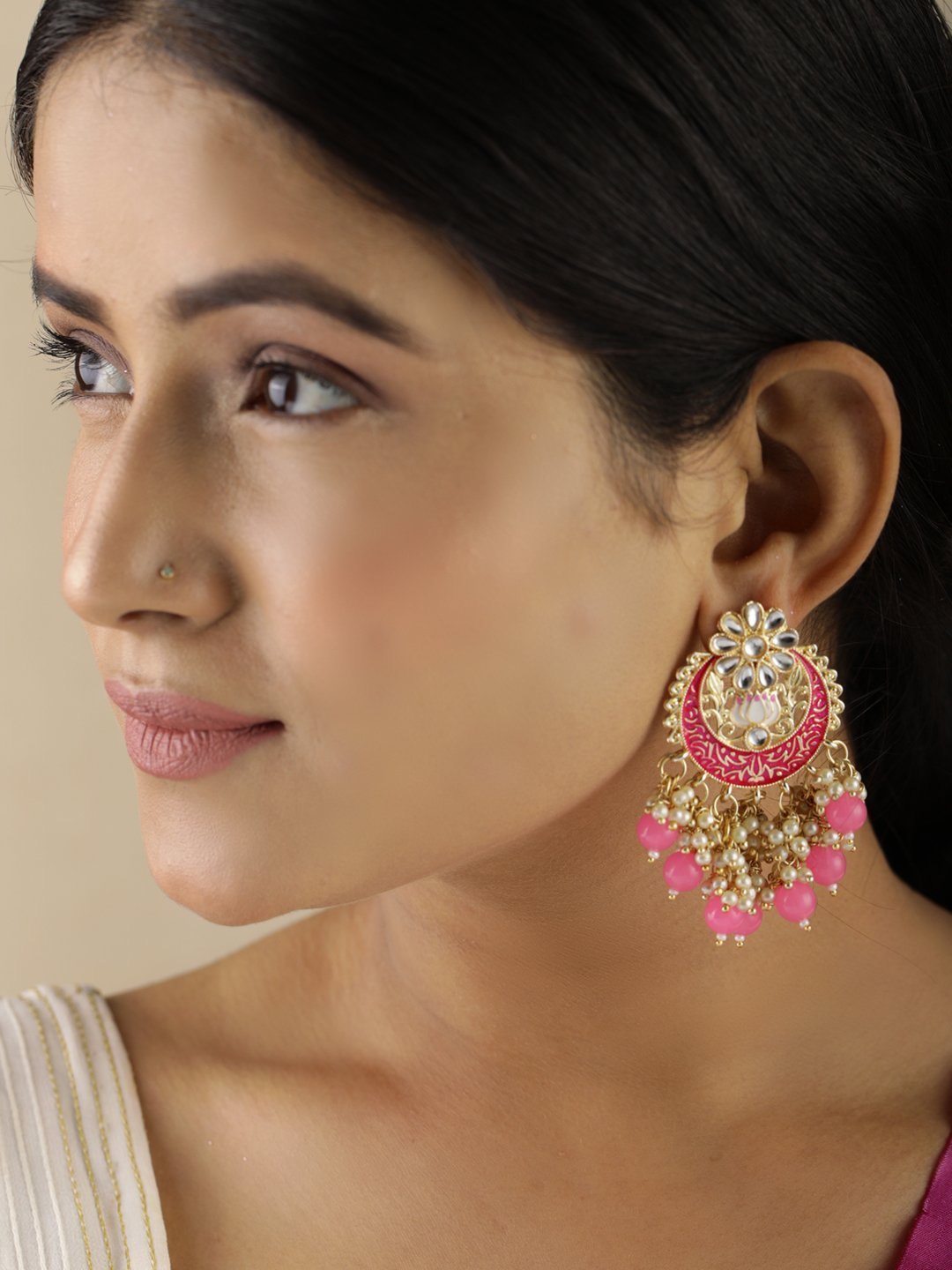 Women's Kundan Beaded Crescent Shaped Earring