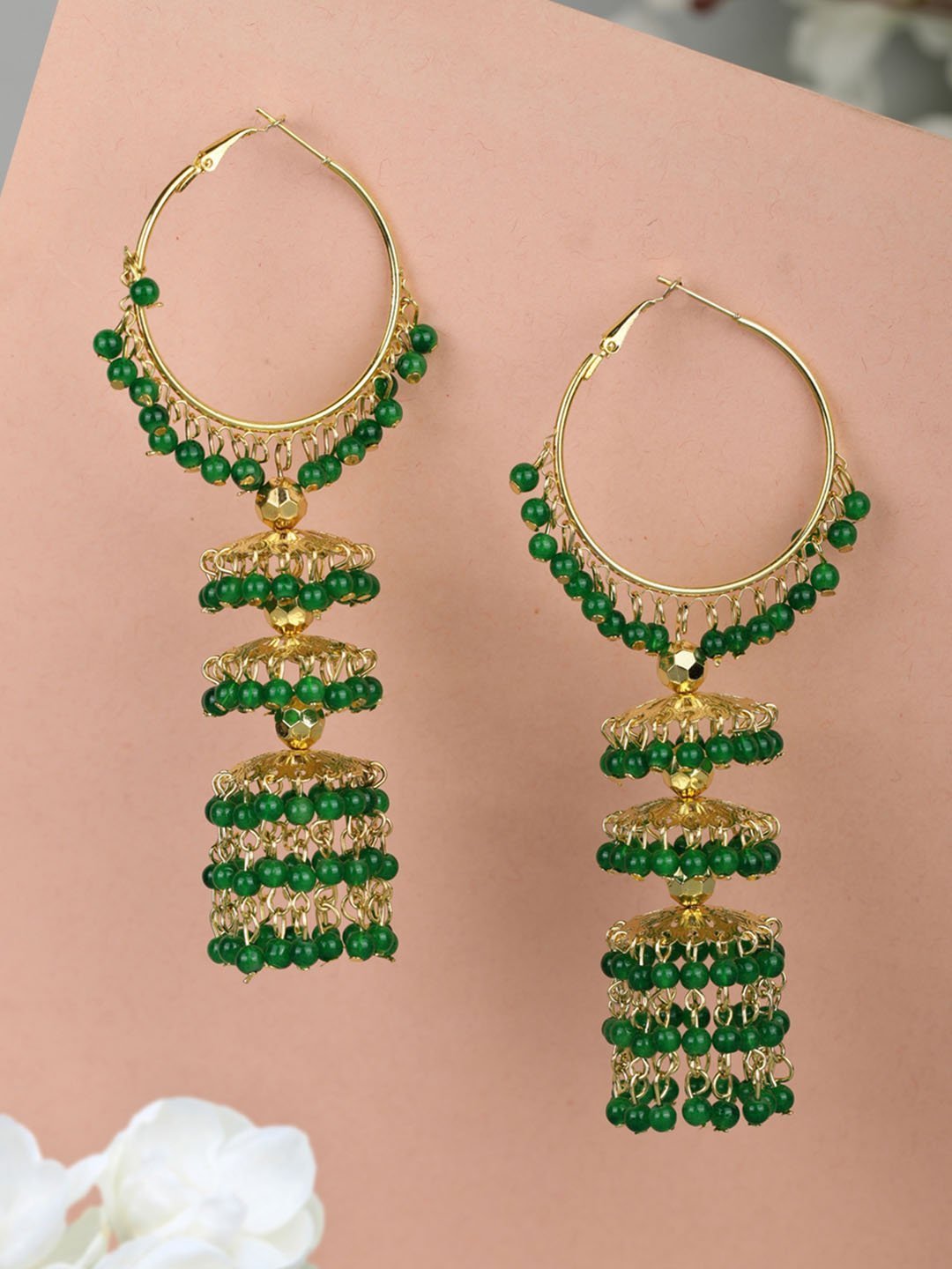 Women's Green Beads Gold Plated Hooped Traditional Jhumka Earring