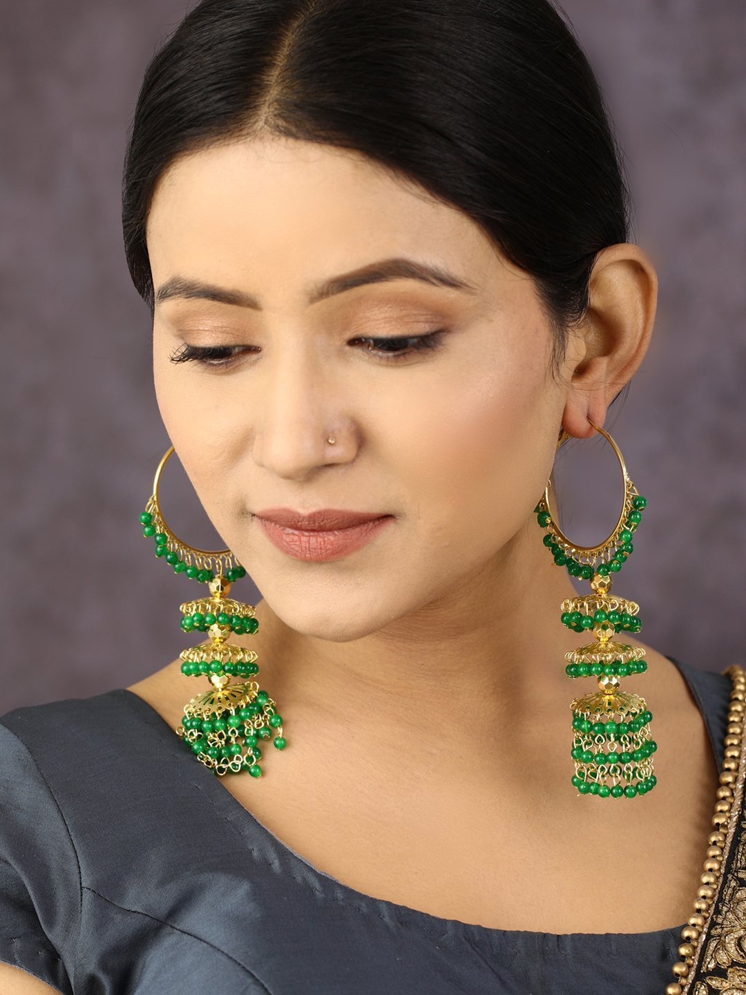 Women's Green Beads Gold Plated Hooped Traditional Jhumka Earring