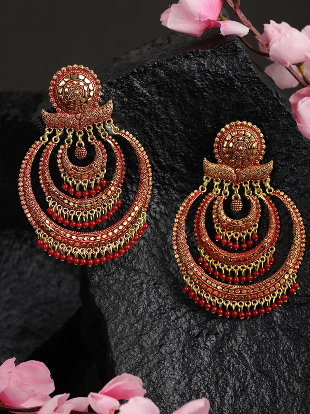 Women's Maroon Beads Gold Plated Traditional Drop Earring