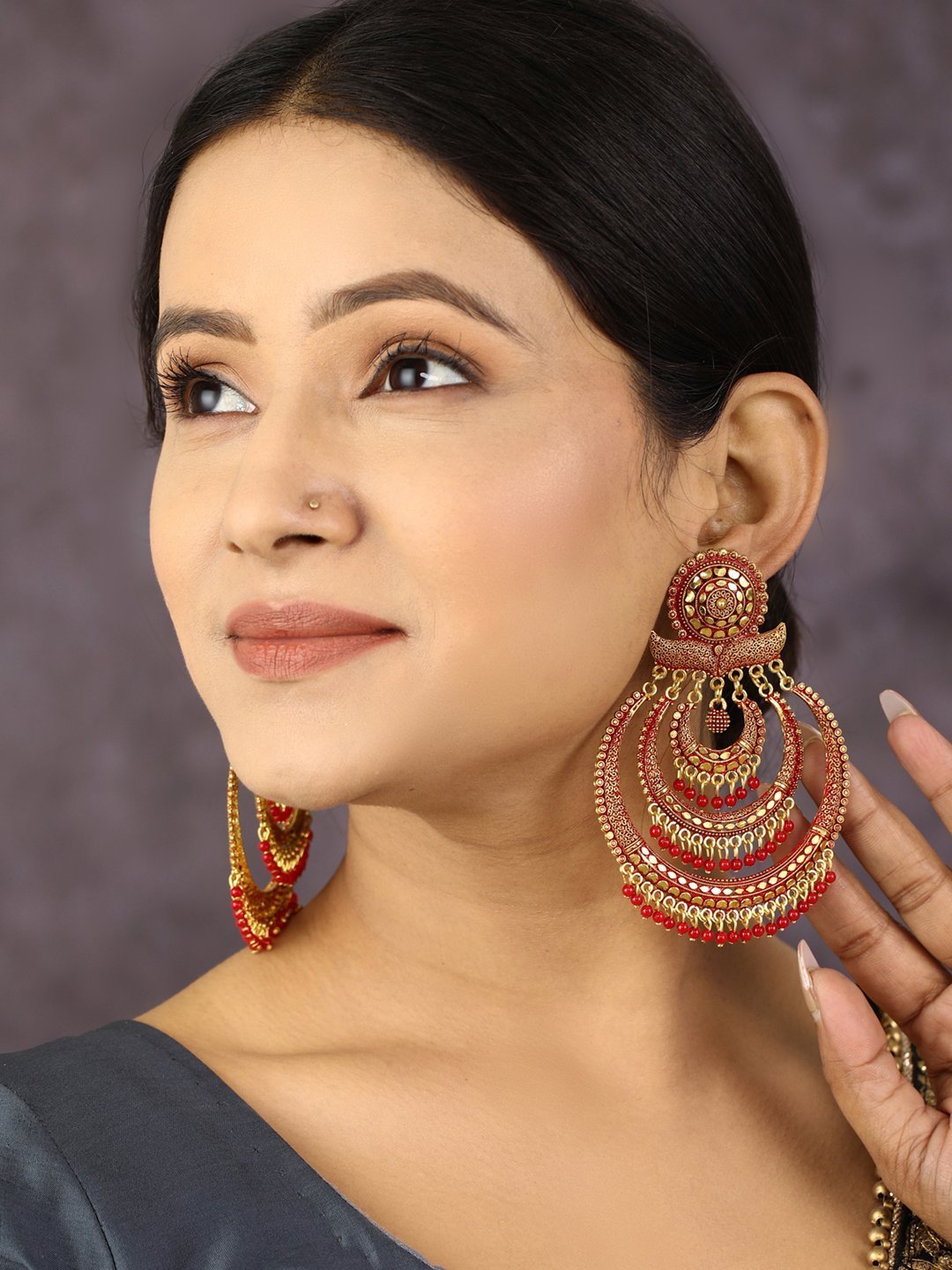 Women's Maroon Beads Gold Plated Traditional Drop Earring