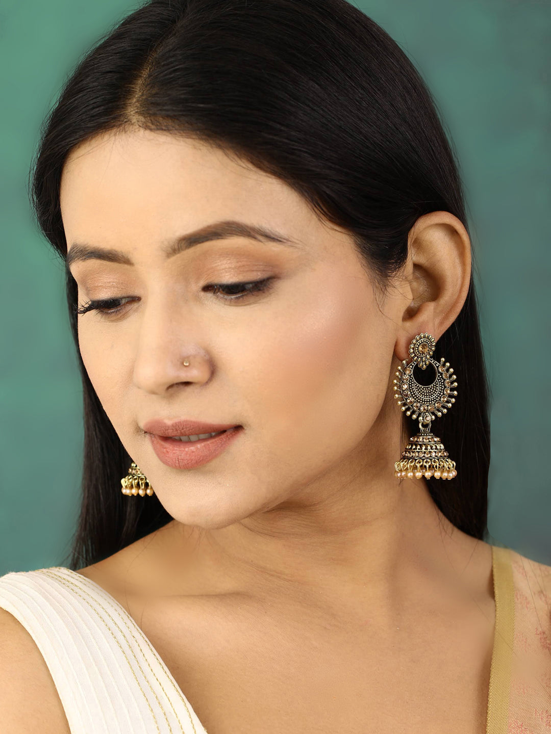 Women's  Combo Set of 2 Blue Beads Gold Plated Traditional Jhumka Earring