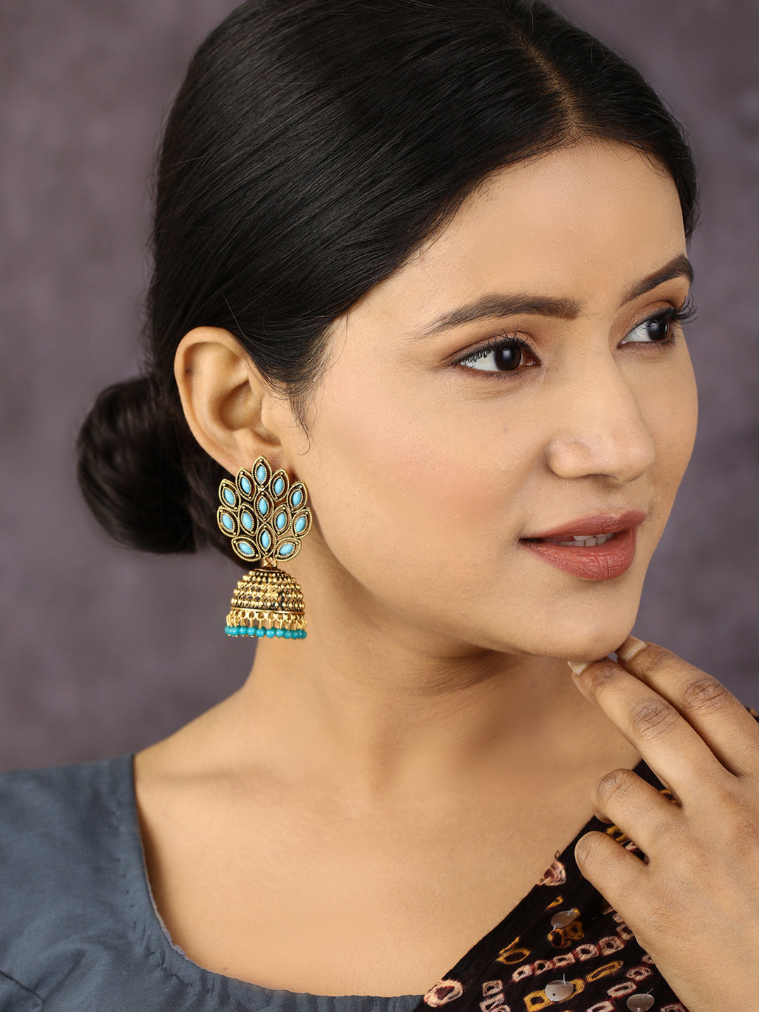 Women's  Combo Set of 2 Blue Beads Gold Plated Traditional Jhumka Earring