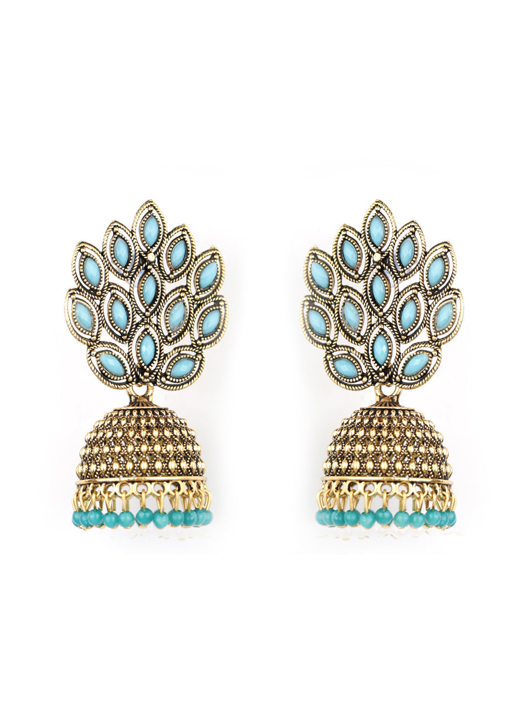 Women's  Combo Set of 2 Blue Beads Gold Plated Traditional Jhumka Earring