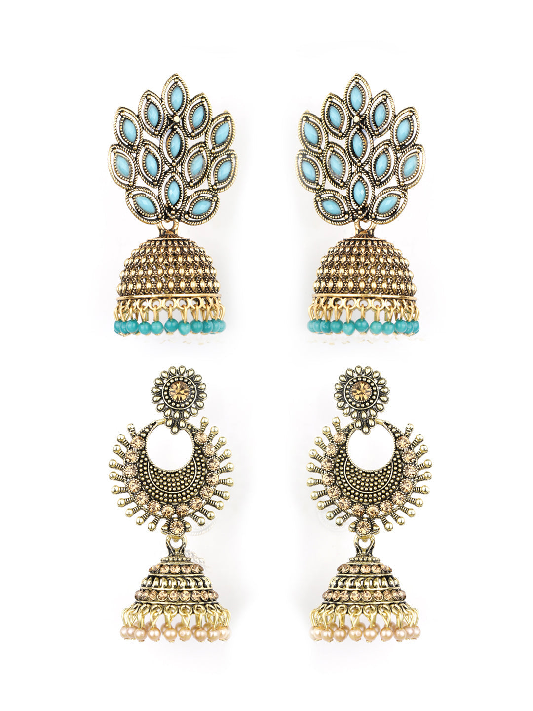 Women's  Combo Set of 2 Blue Beads Gold Plated Traditional Jhumka Earring