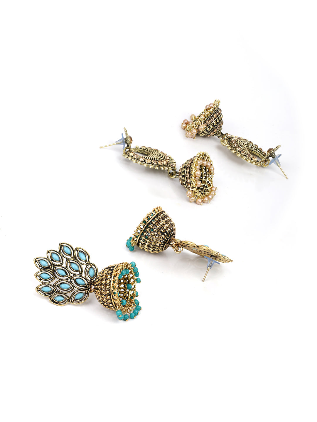 Women's  Combo Set of 2 Blue Beads Gold Plated Traditional Jhumka Earring