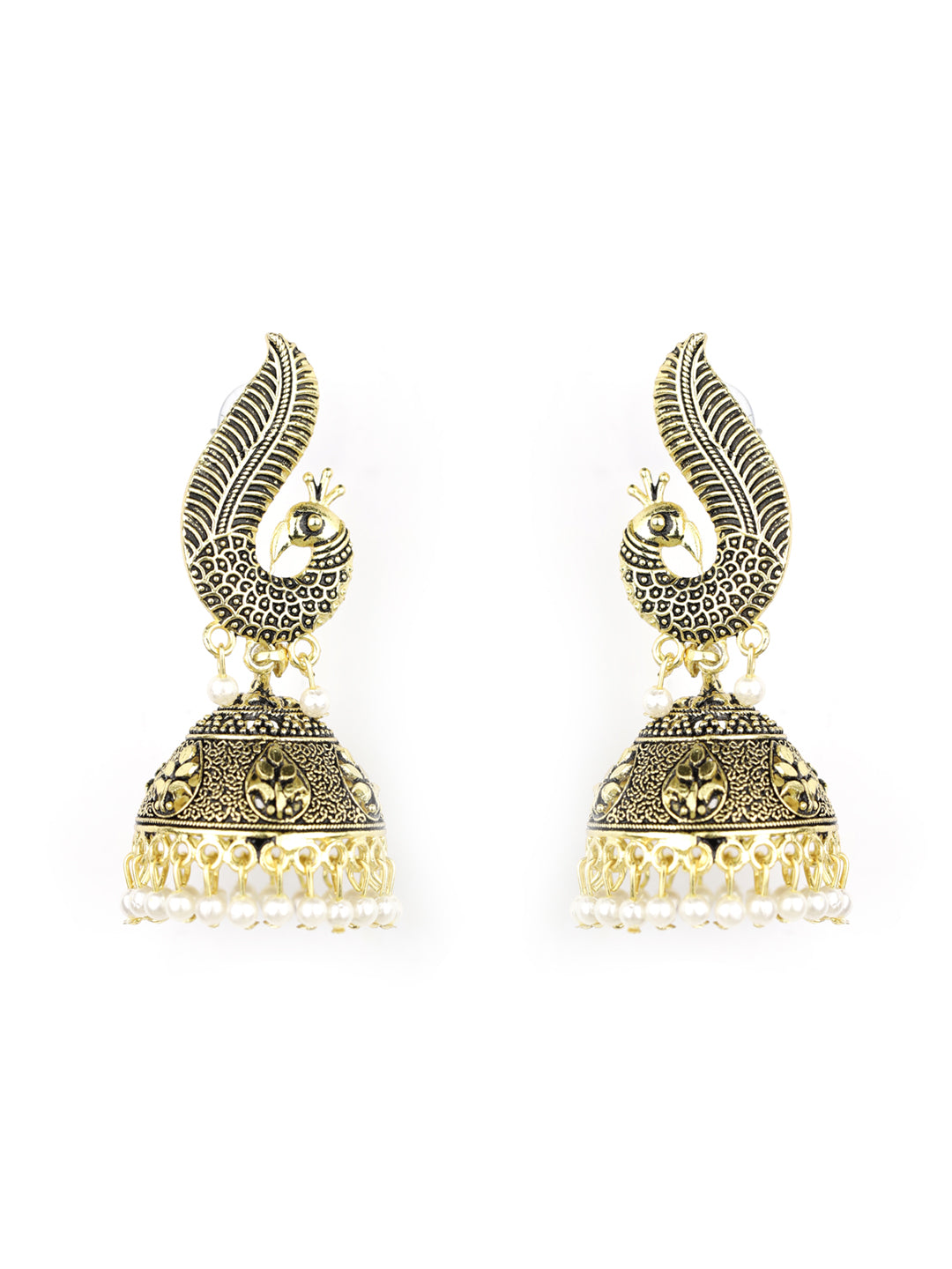 Women's  Combo Set of 2 Beads Gold Plated Peacock Traditional Jhumka Earring